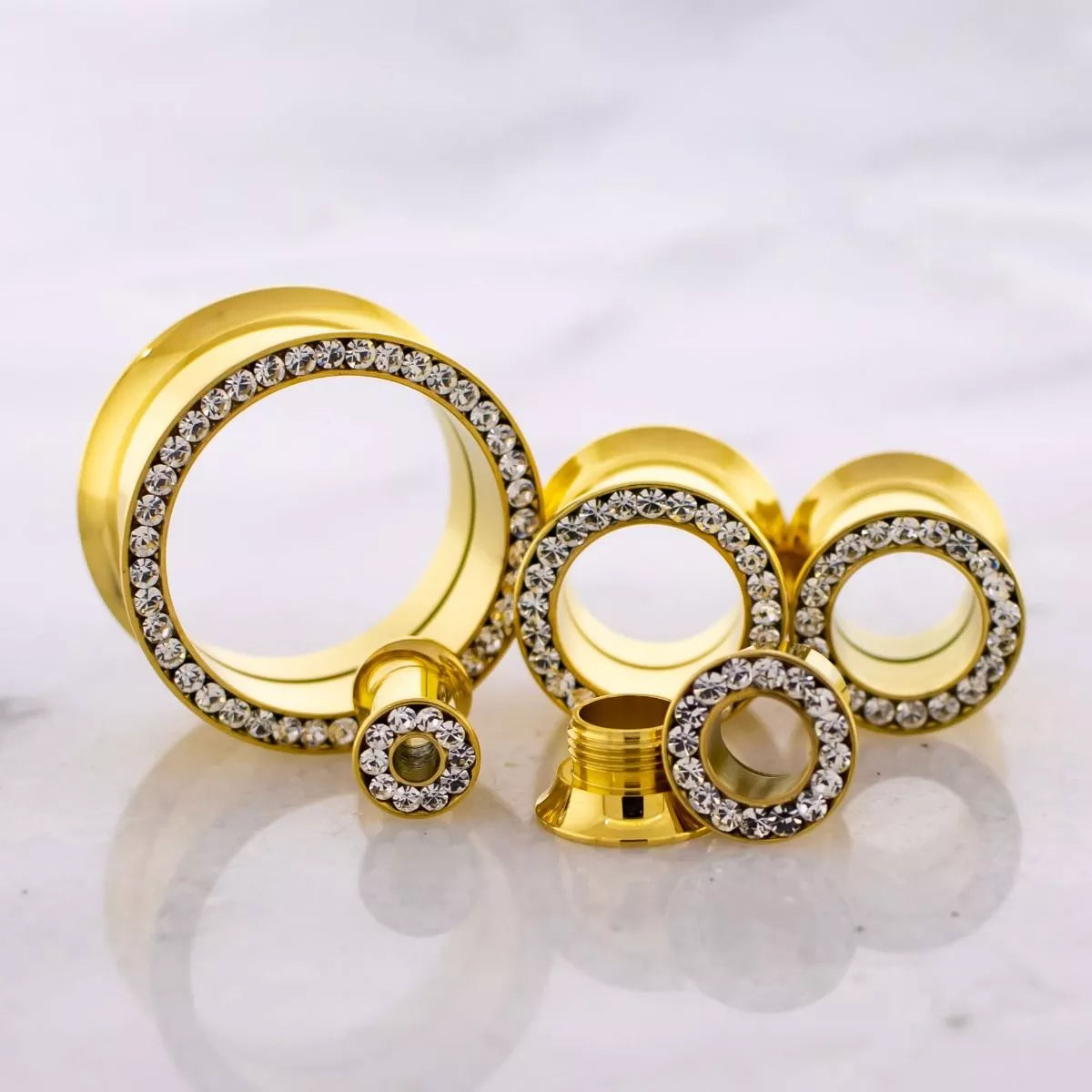 Tunnels - Double Flare Gold PVD Internally Threaded Tunnels Gem Crystals - 1 Piece -Rebel Bod-RebelBod