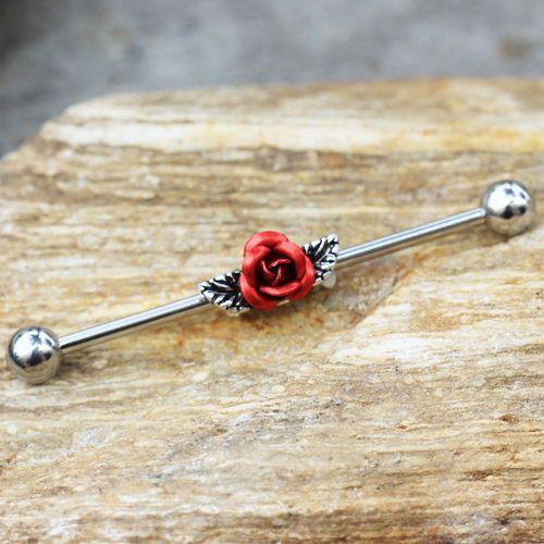 Industrial Barbell 316L Stainless Steel Red Rose Industrial Barbell - 1 Piece -Rebel Bod-RebelBod