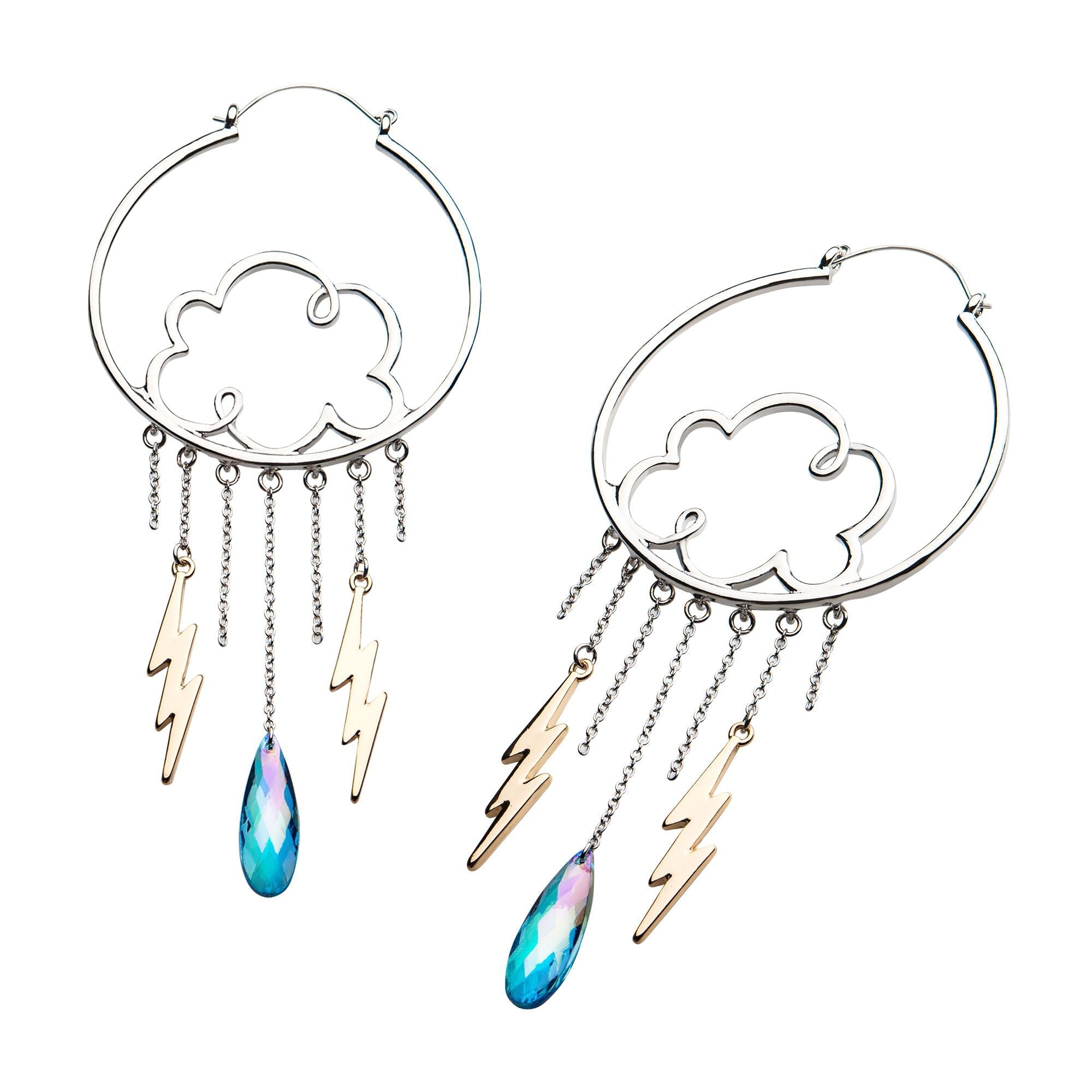 Tapers - Hanging Stainless Steel Silver Plated Clouds Gold Plated Dangling Lightning Bolt Plug Hoops -Rebel Bod-RebelBod