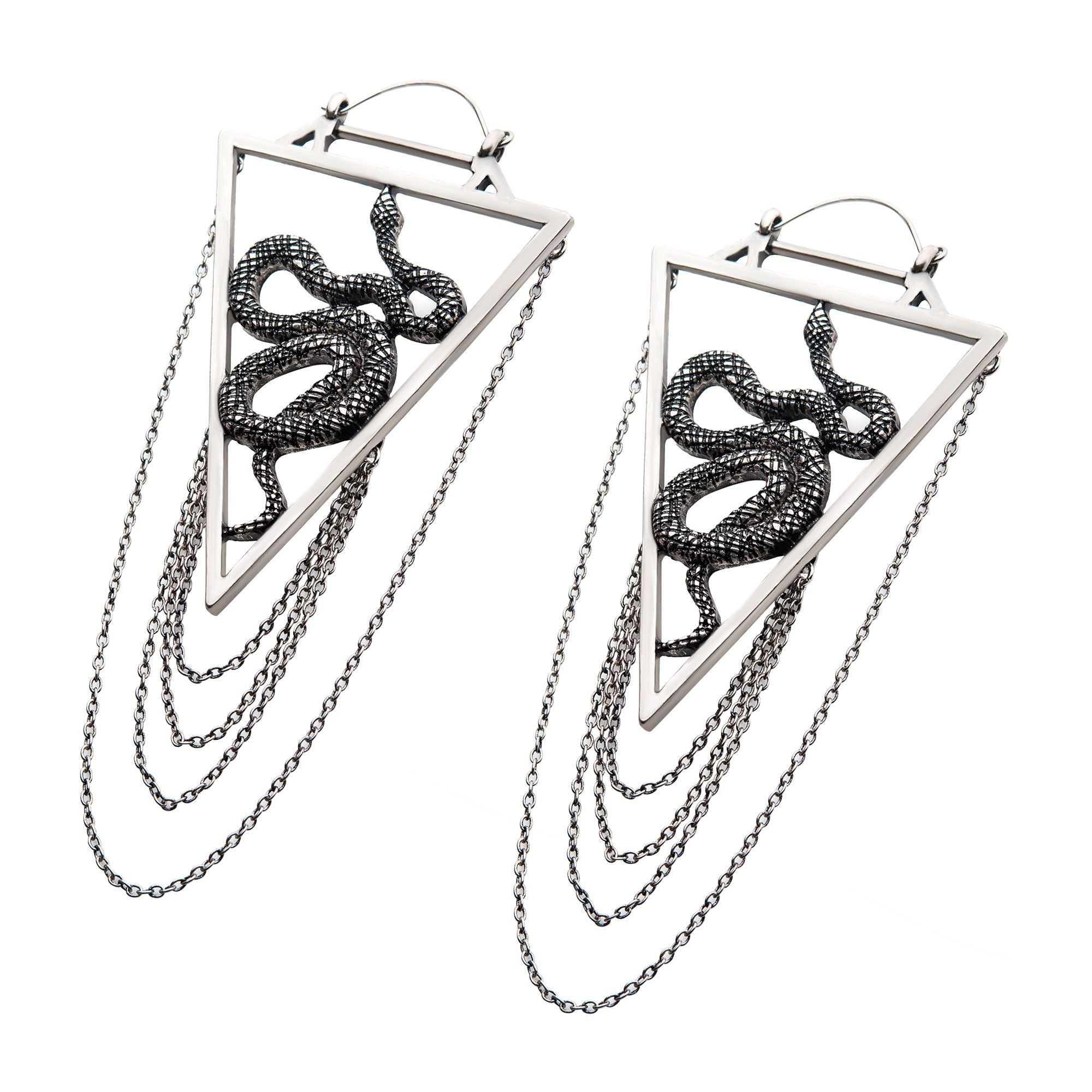 Tapers - Hanging Stainless Steel Silver Plated Snake Dangling Chains Plug Hoops -Rebel Bod-RebelBod