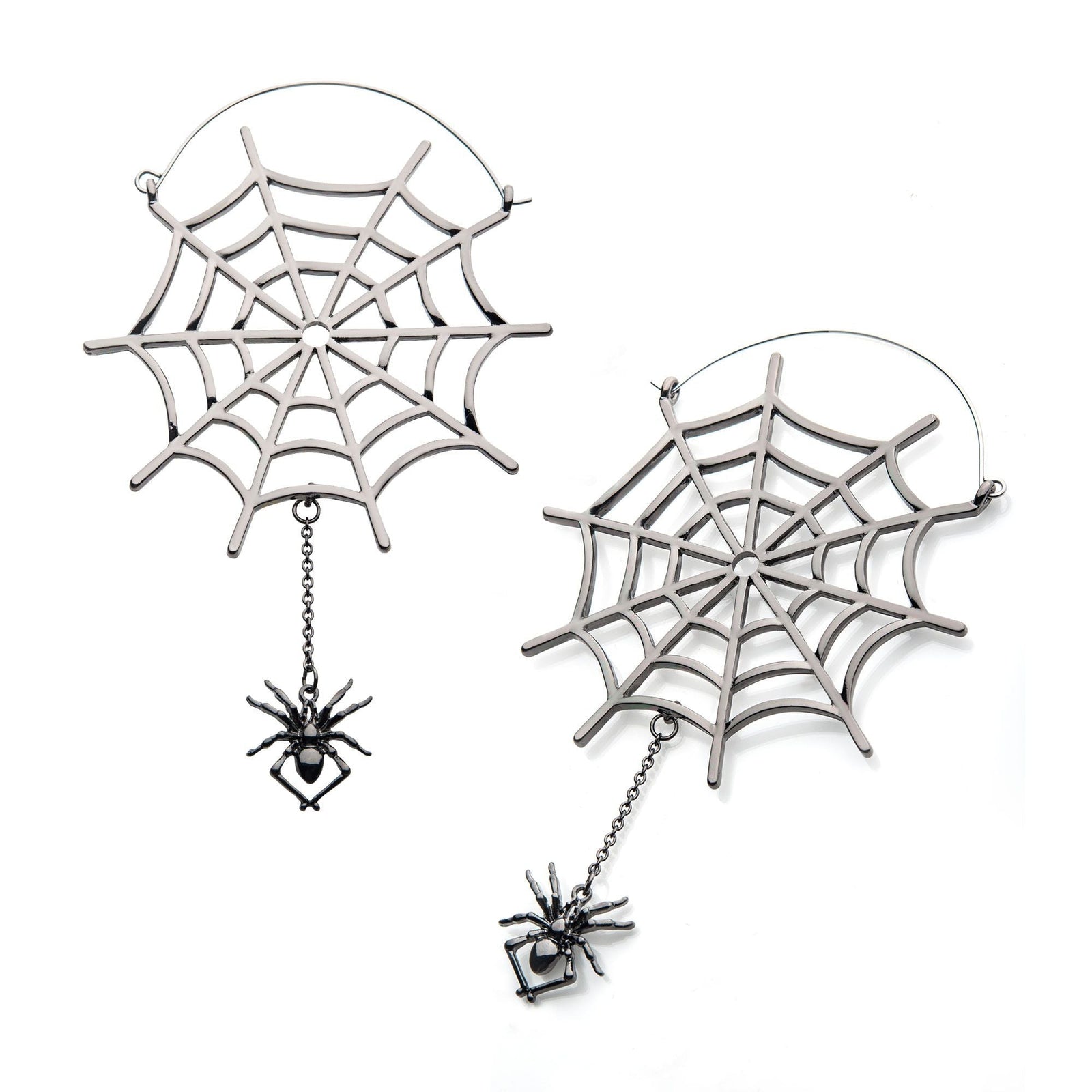 Tapers - Hanging Stainless Steel Silver Plated Spider Web Dangling Spider Plug Hoops -Rebel Bod-RebelBod