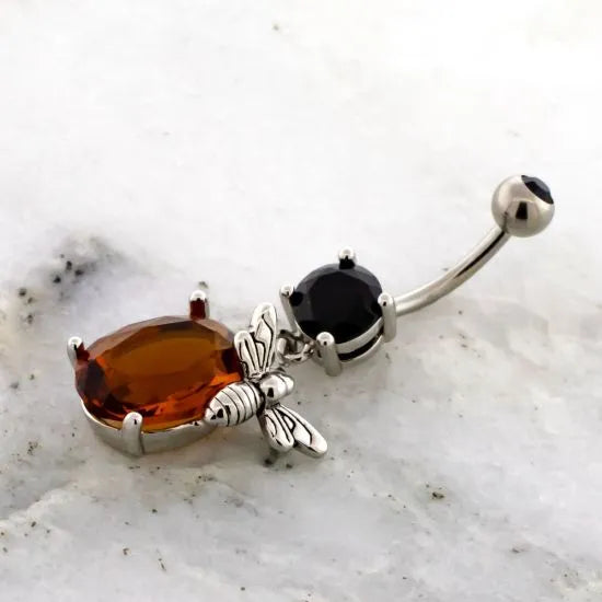 Belly Ring - Dangle 14G Bee Belly Ring Large Amber Gem - 1 Piece -Rebel Bod-RebelBod