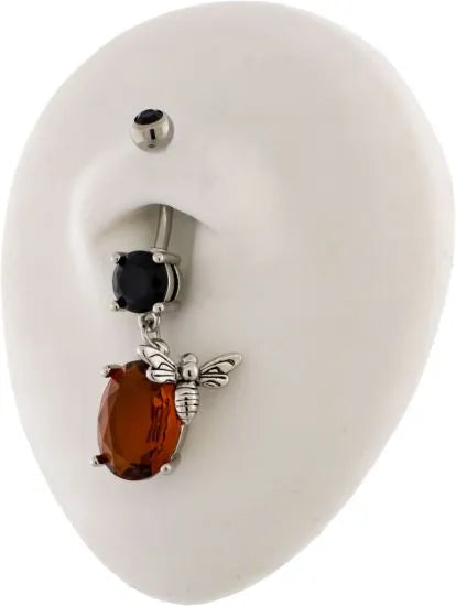 Belly Ring - Dangle 14G Bee Belly Ring Large Amber Gem - 1 Piece -Rebel Bod-RebelBod