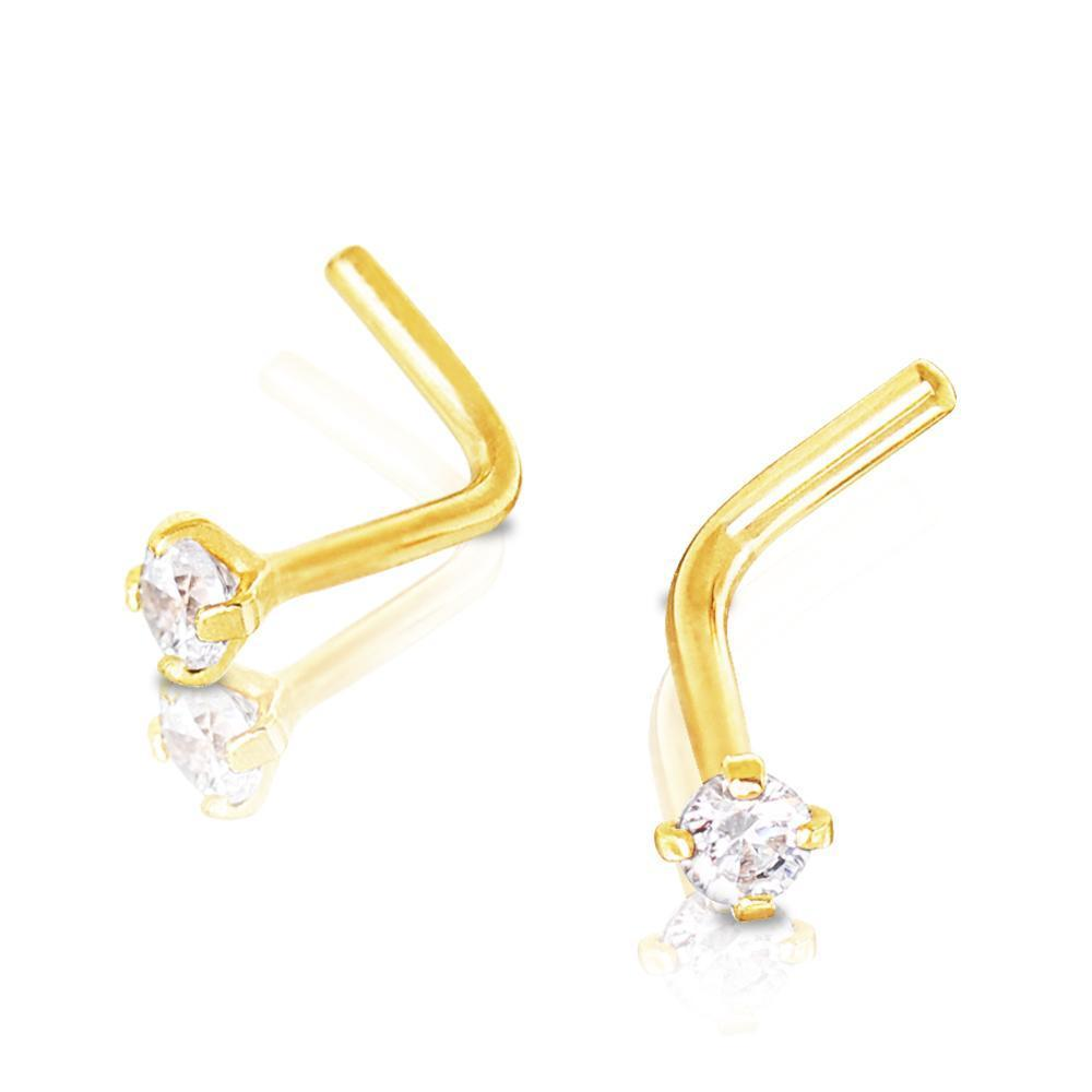 Nose Ring - L-Shaped Nose Ring 14Kt Yellow Gold Prong Set Clear CZ L Bend Nose Ring -Rebel Bod-RebelBod