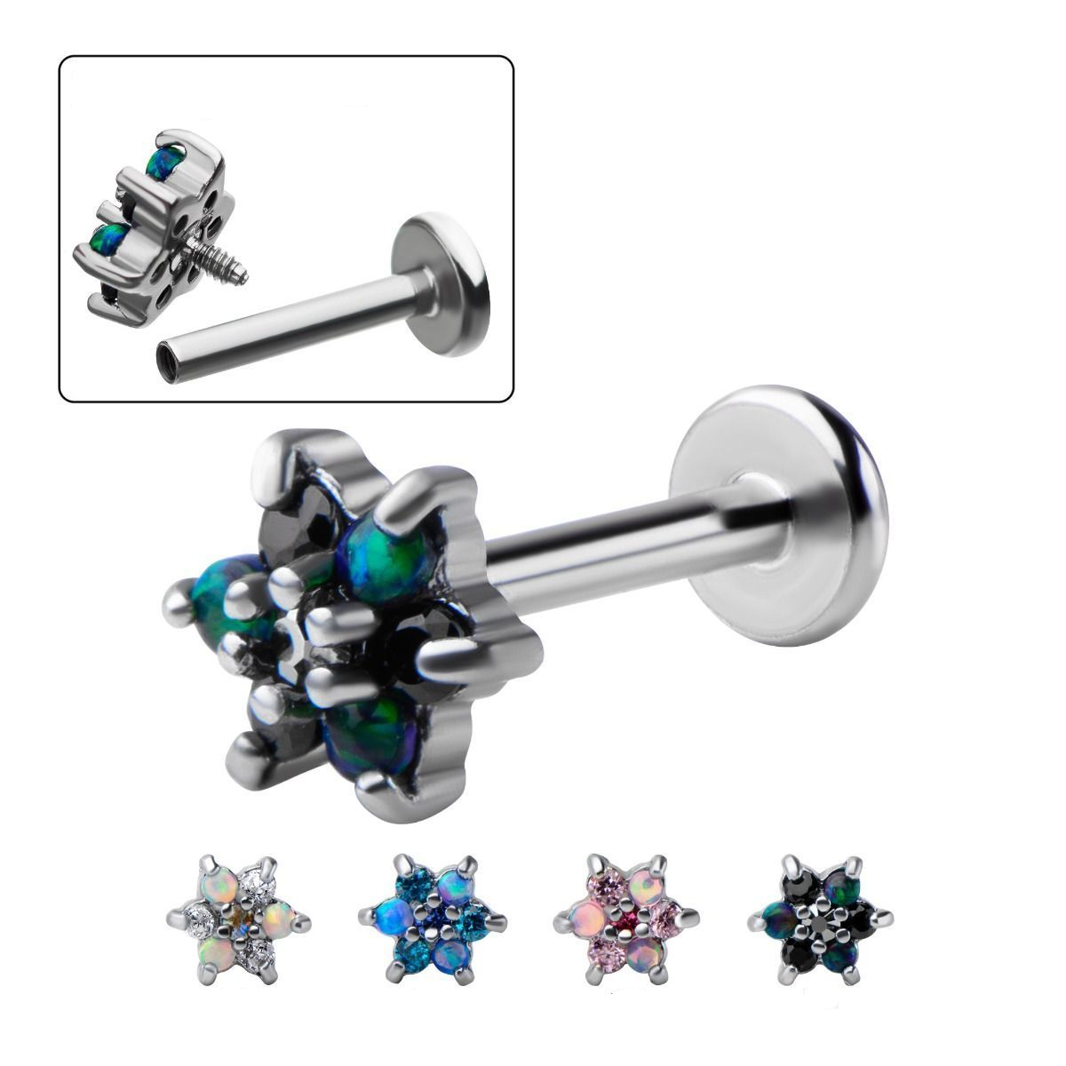 Labret Studs 16g 5/16 Internally Threaded Labret w/ Prong Set Gem and Opal Flower End sbvlsflwr1-opal -Rebel Bod-RebelBod