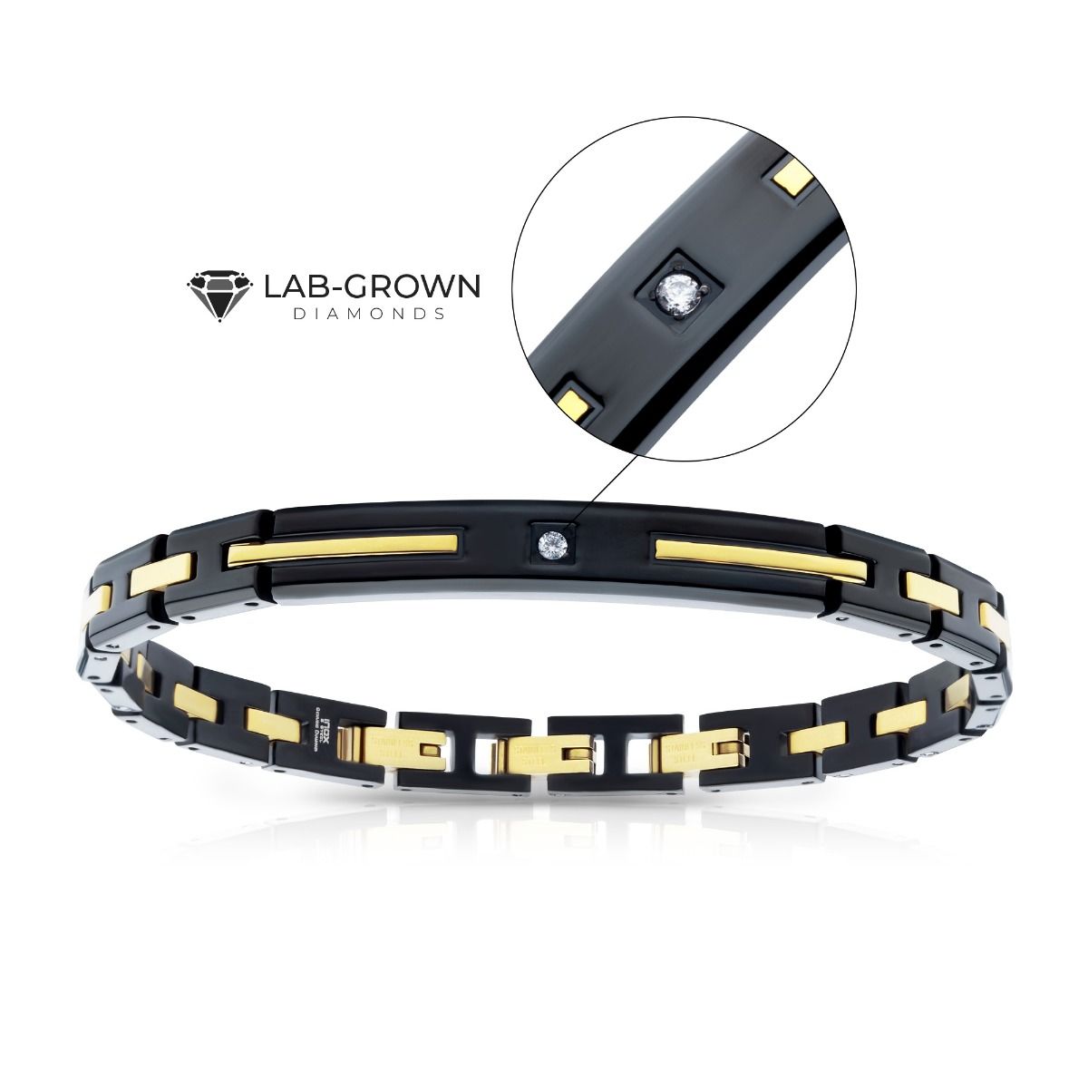 Bracelet - Men 18Kt Gold IP Black IP Steel Solitaire Accented Clear Lab-Grown Diamond Link Bracelet dmbr44087-875 -Rebel Bod-RebelBod