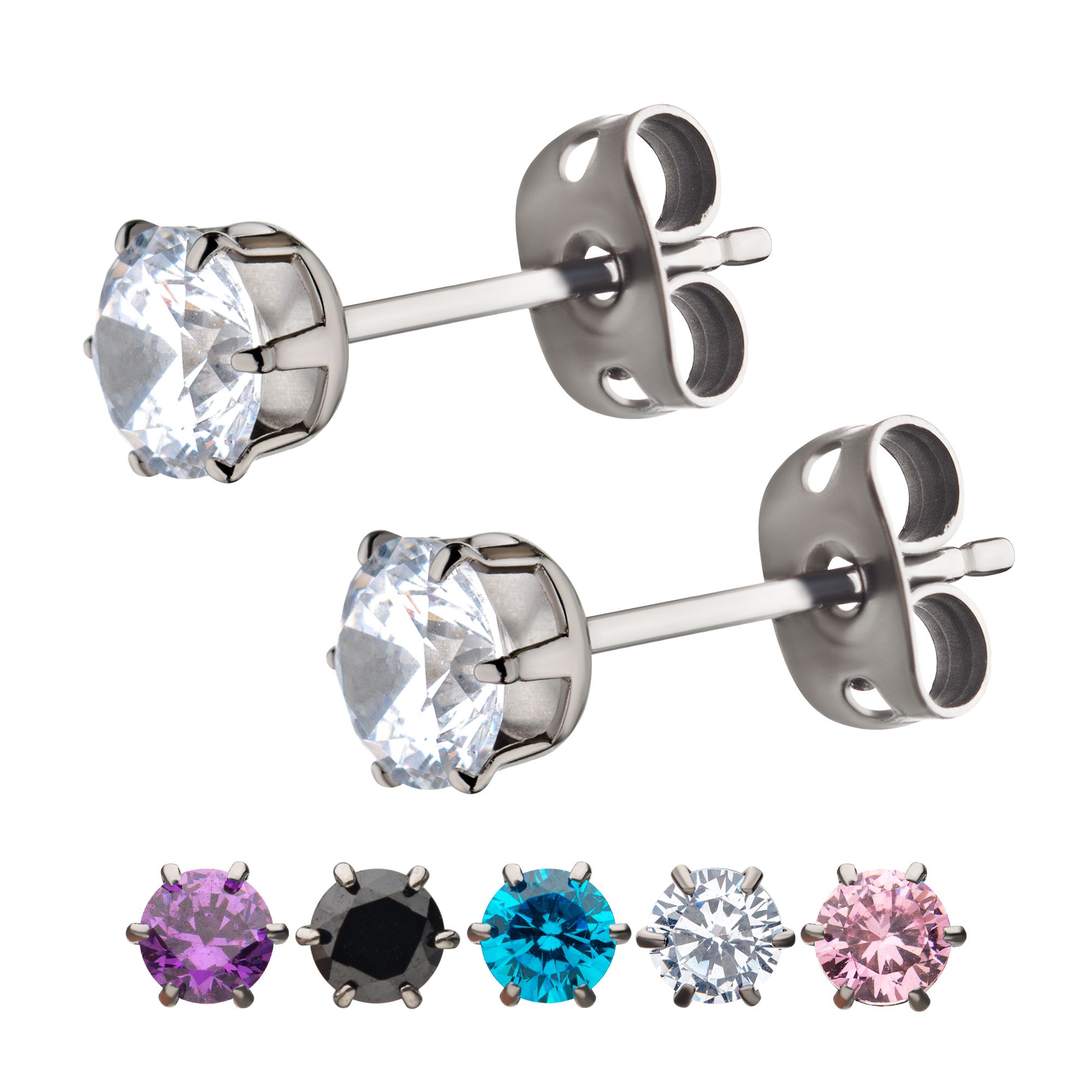 Silver Titanium Prong Set CZ (Cubic Zirconia) Stud Earrings