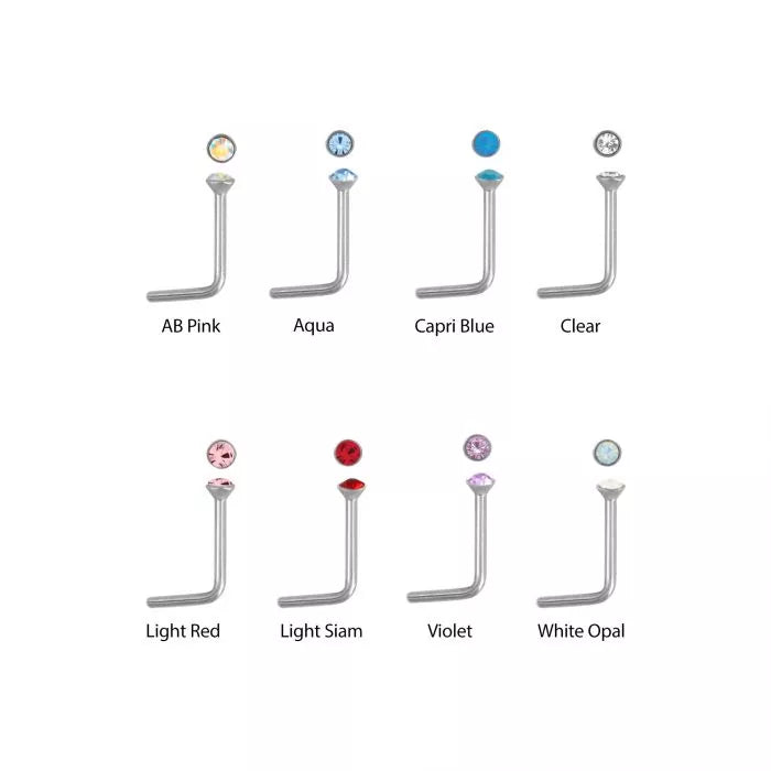 Nose Ring - L-Shaped Nose Ring 20g w/ 2mm Gem Top L Bend Shape sbvnbl2sf - 1 Piece -Rebel Bod-RebelBod