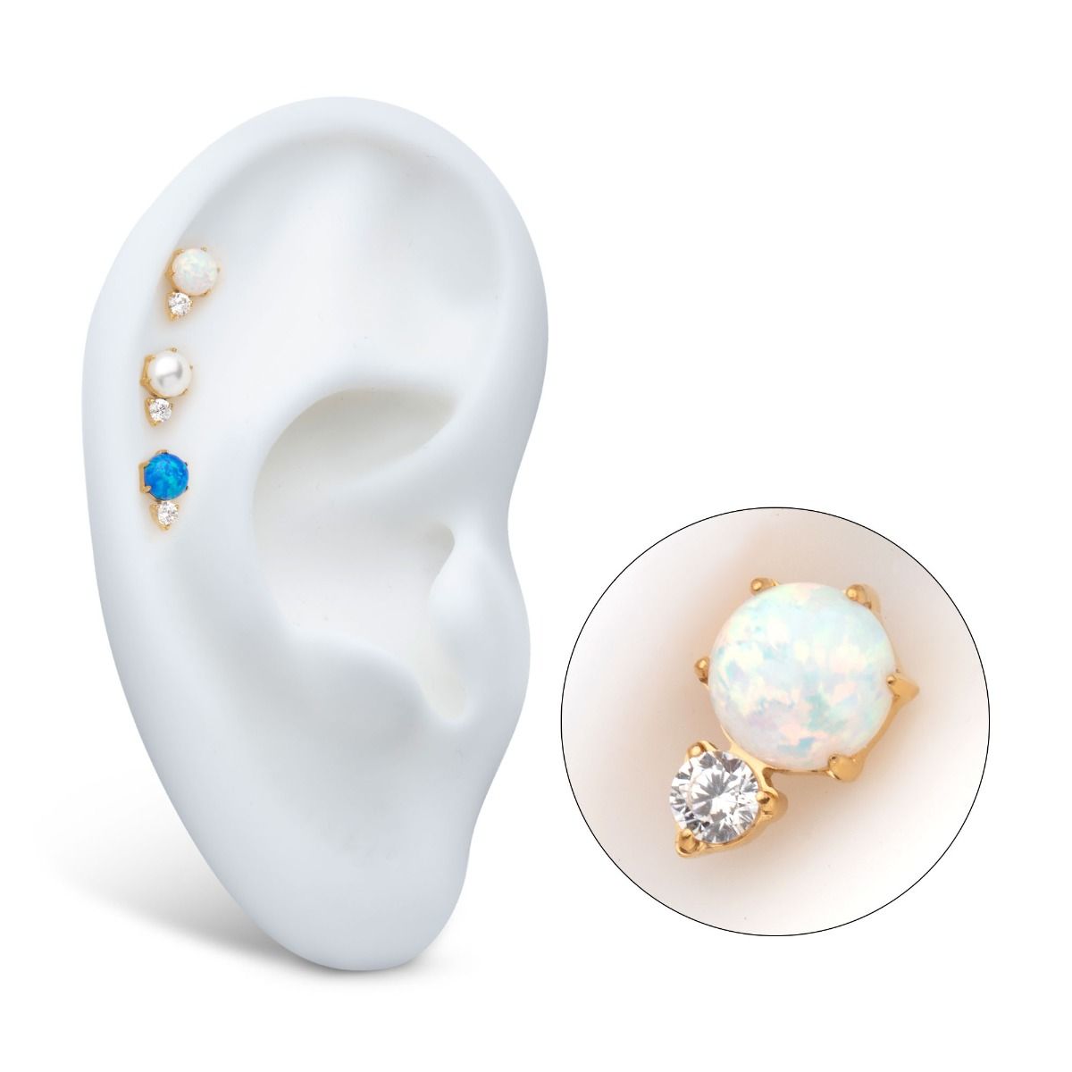 Body Jewelry Parts 24Kt Gold PVD Threadless Prong Set Double Round Gem Synthetic Opal Top -Rebel Bod-RebelBod