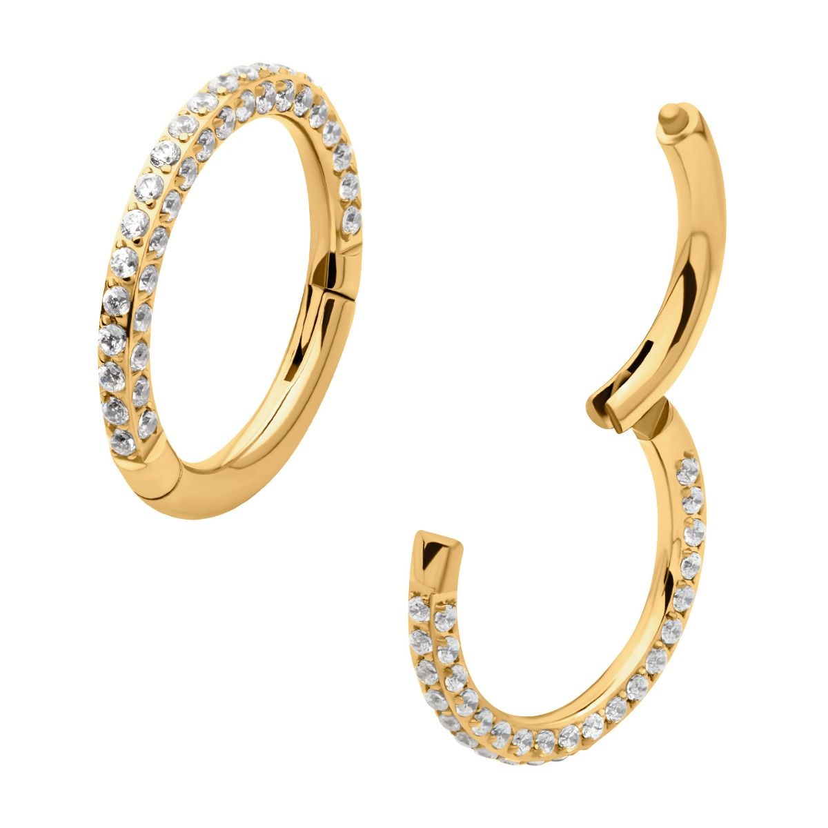 Clicker - Cartilage | Septum 24Kt Gold PVD Titanium 3 Row Pave Set 0.8mm Round Gem Hinged Segment Clicker Ring -Rebel Bod-RebelBod