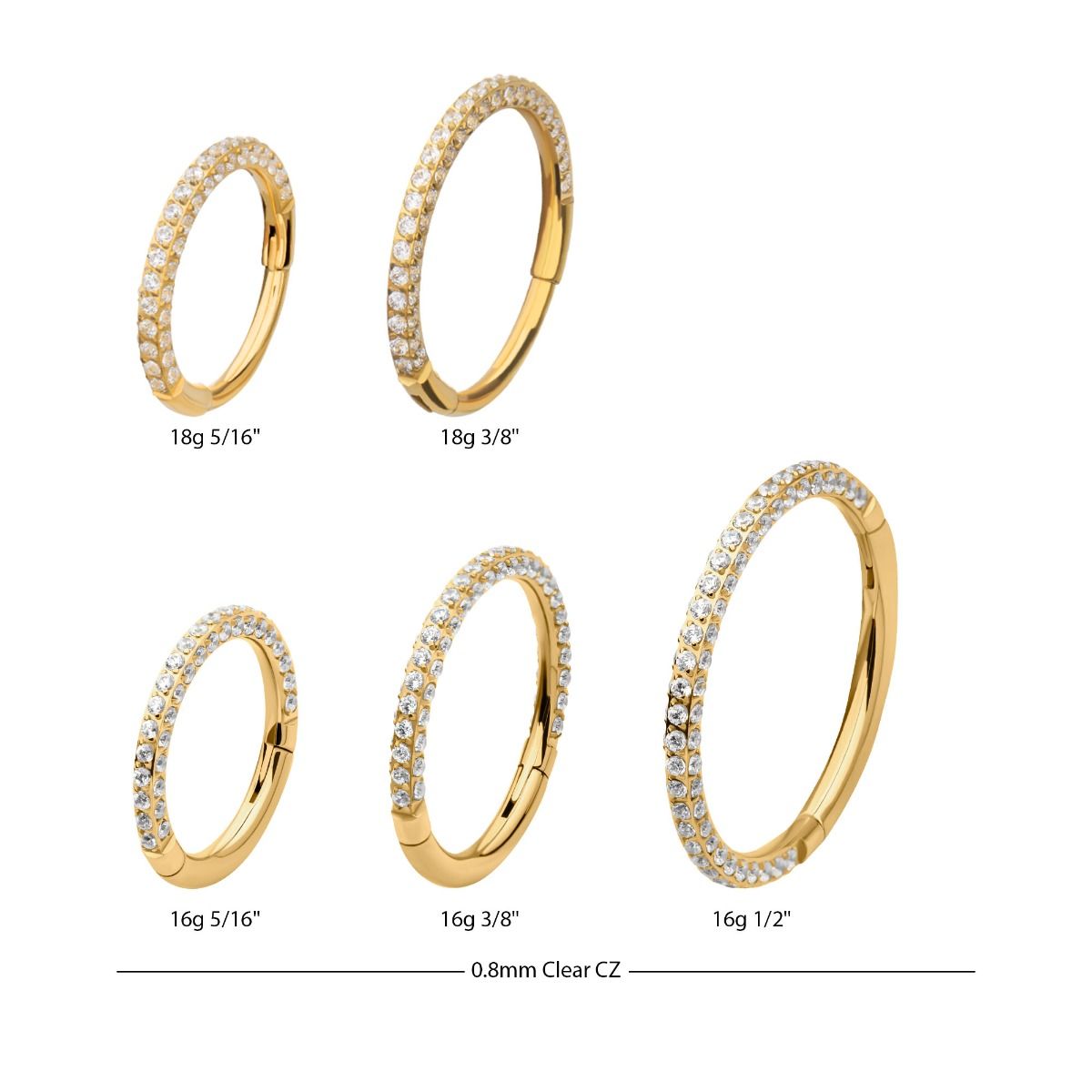Clicker - Cartilage | Septum 24Kt Gold PVD Titanium 3 Row Pave Set 0.8mm Round Gem Hinged Segment Clicker Ring -Rebel Bod-RebelBod