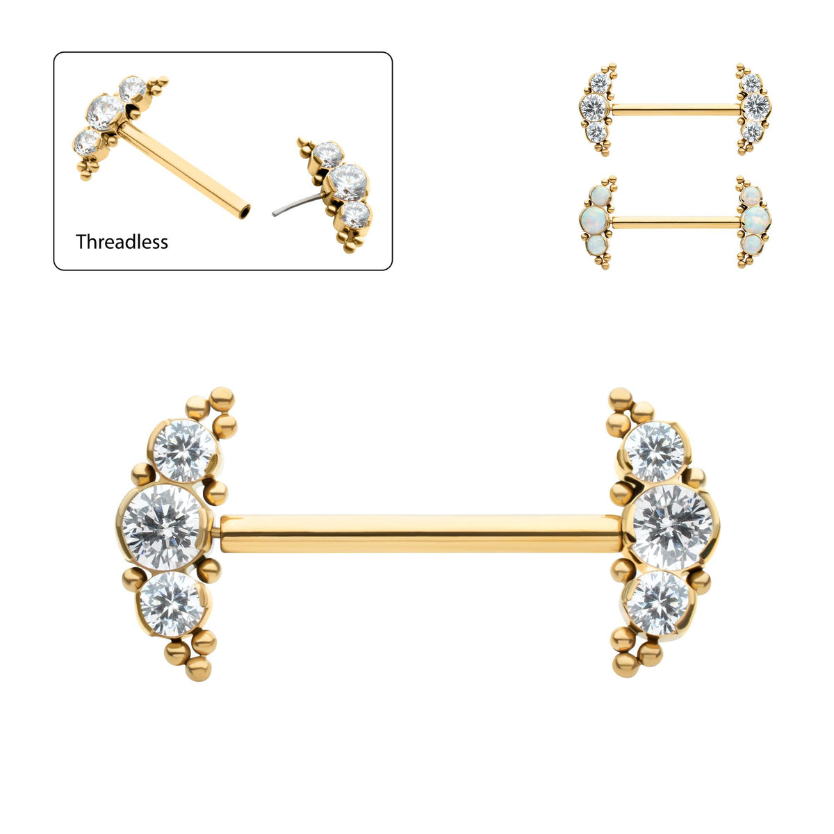 Nipple Barbell 24Kt Gold PVD Titanium Beads Semi-Bezel Set Round Gem/Opal Threadless Nipple Barbell - 1 Piece -Rebel Bod-RebelBod