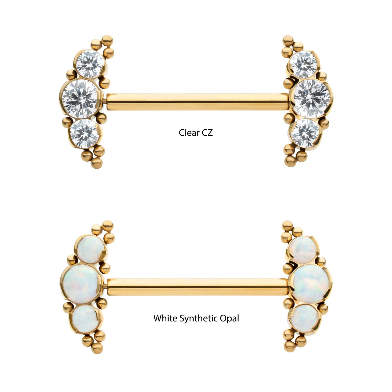 Nipple Barbell 24Kt Gold PVD Titanium Beads Semi-Bezel Set Round Gem/Opal Threadless Nipple Barbell - 1 Piece -Rebel Bod-RebelBod