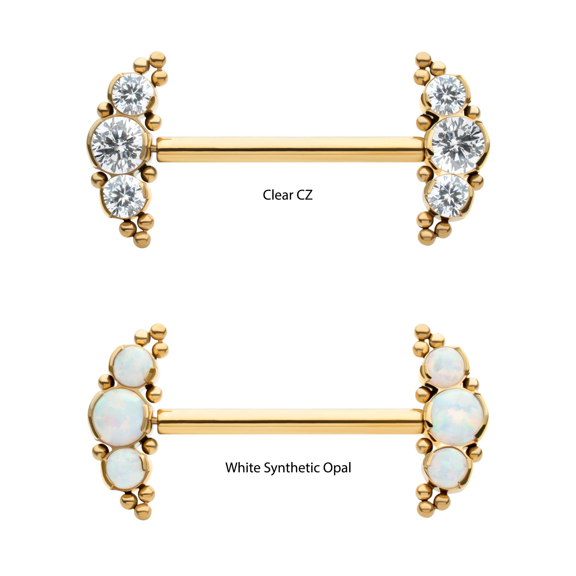 Nipple Barbell 24Kt Gold PVD Titanium Beads Semi-Bezel Set Round Gem/Opal Threadless Nipple Barbell - 1 Piece -Rebel Bod-RebelBod