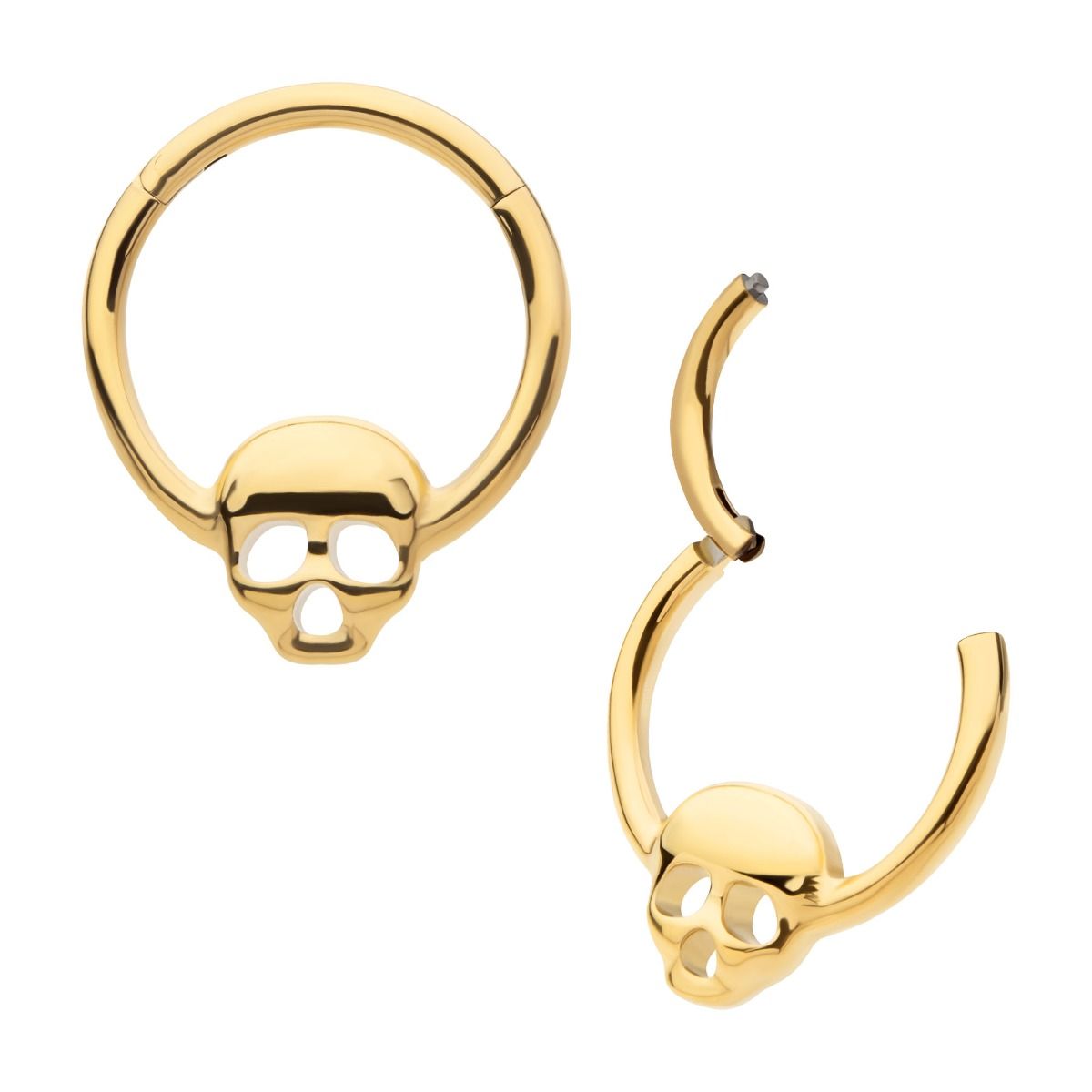 Clicker - Cartilage | Septum 24Kt Gold PVD Titanium Centered Skull Front Facing Hinged Segment Clicker Ring -Rebel Bod-RebelBod