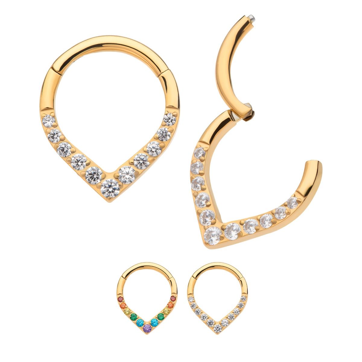 Clicker - Cartilage | Septum 24Kt Gold PVD Titanium CNC Set Gem Front Facing Teardrop Shape Hinged Segment Clicker Ring -Rebel Bod-RebelBod