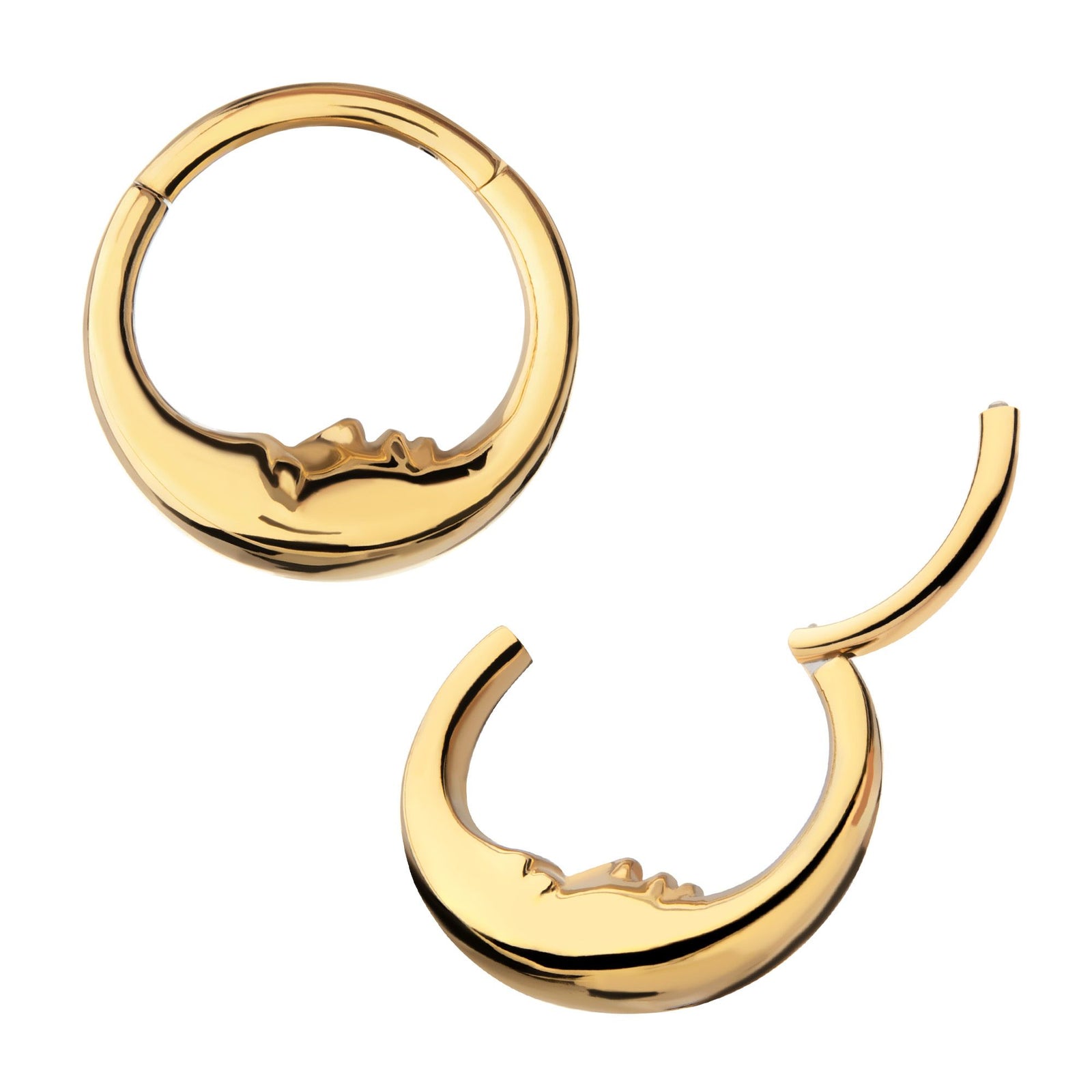 Clicker - Cartilage | Septum 24Kt Gold PVD Titanium Crescent Moon Face Front Facing Hinged Segment Clicker Ring -Rebel Bod-RebelBod