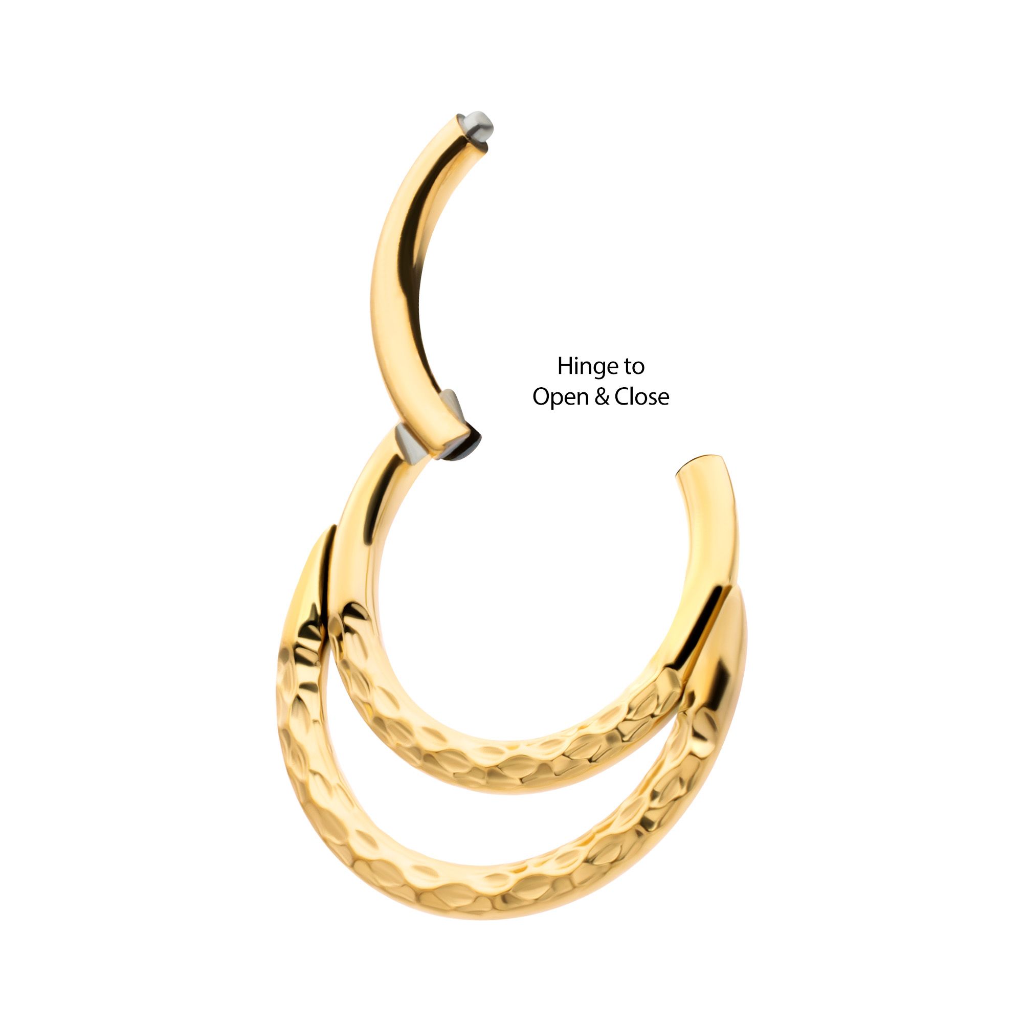 Clicker - Cartilage | Septum 24Kt Gold PVD Titanium Hammered Double Hoop Front Facing Hinged Segment Clicker Ring -Rebel Bod-RebelBod