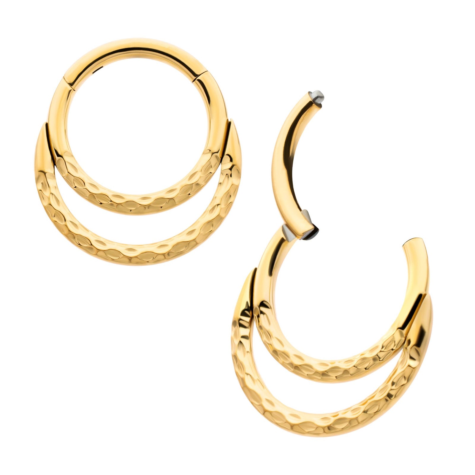 Clicker - Cartilage | Septum 24Kt Gold PVD Titanium Hammered Double Hoop Front Facing Hinged Segment Clicker Ring -Rebel Bod-RebelBod