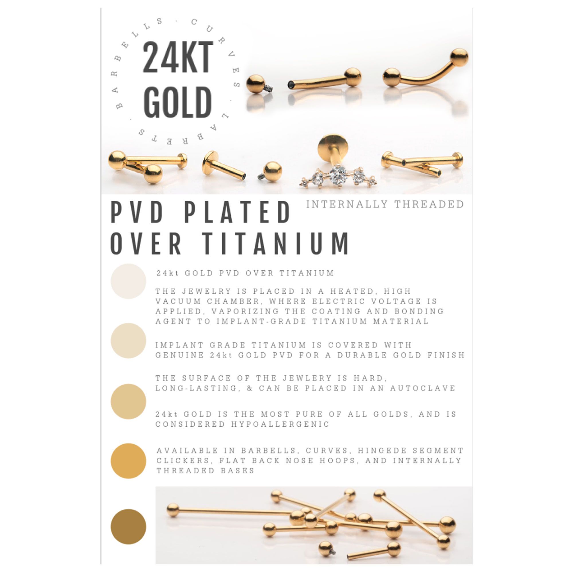 Body Jewelry Parts 24Kt Gold PVD Titanium Internally Threaded Crescent Moon Top 1.6mm Crest -Rebel Bod-RebelBod