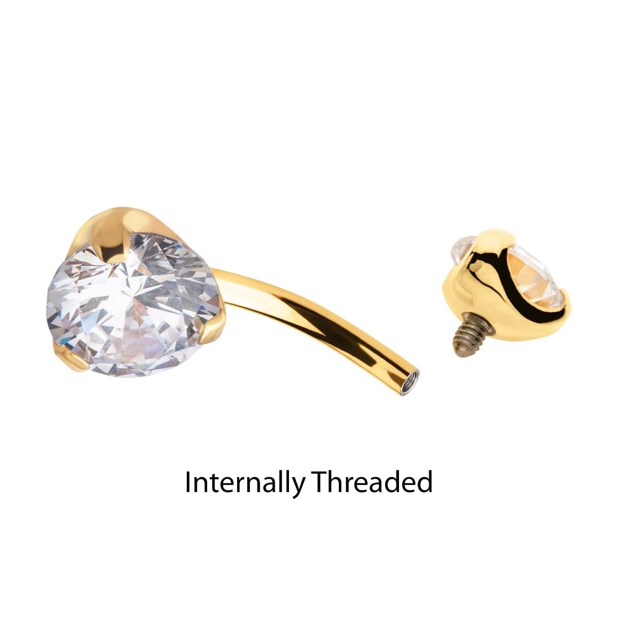 Belly Ring - No Dangle 24KT Gold PVD Titanium Internally Threaded Double Prong Set Clear CZ Fixed Bottom Navel Ring -Rebel Bod-RebelBod