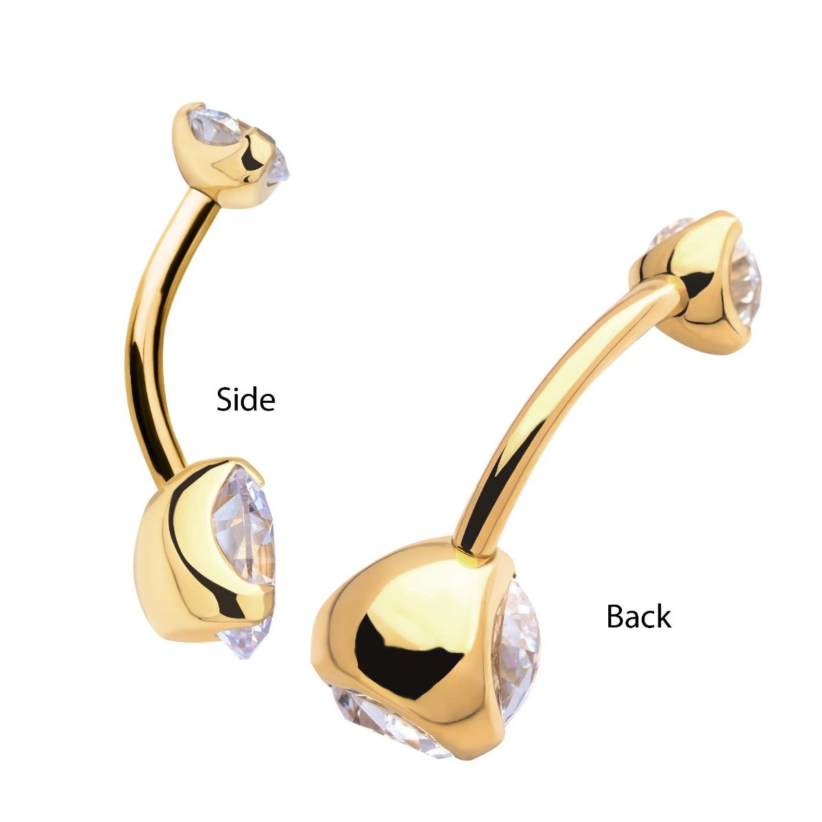 Belly Ring - No Dangle 24KT Gold PVD Titanium Internally Threaded Double Prong Set Clear CZ Fixed Bottom Navel Ring -Rebel Bod-RebelBod