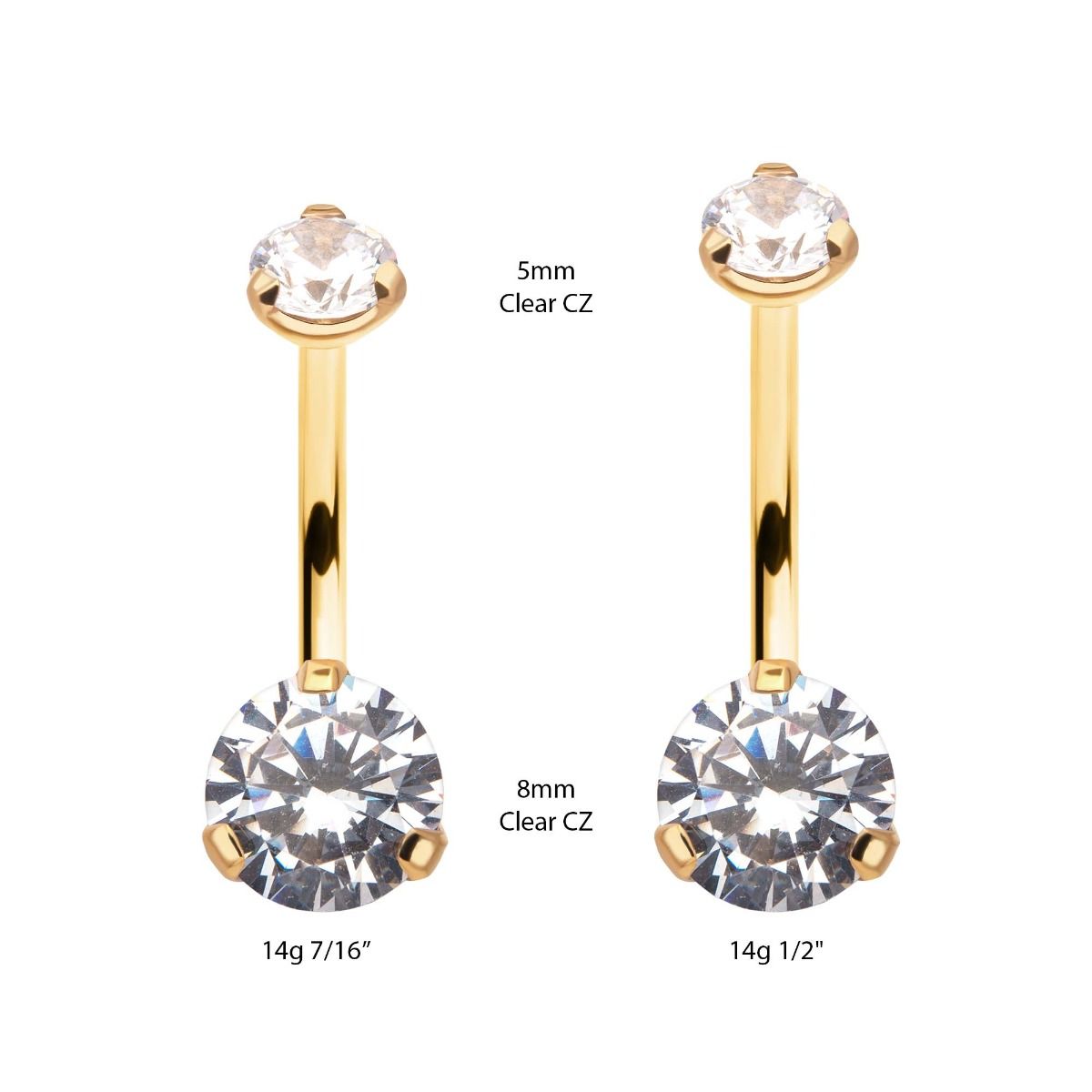 Belly Ring - No Dangle 24KT Gold PVD Titanium Internally Threaded Double Prong Set Clear CZ Fixed Bottom Navel Ring -Rebel Bod-RebelBod