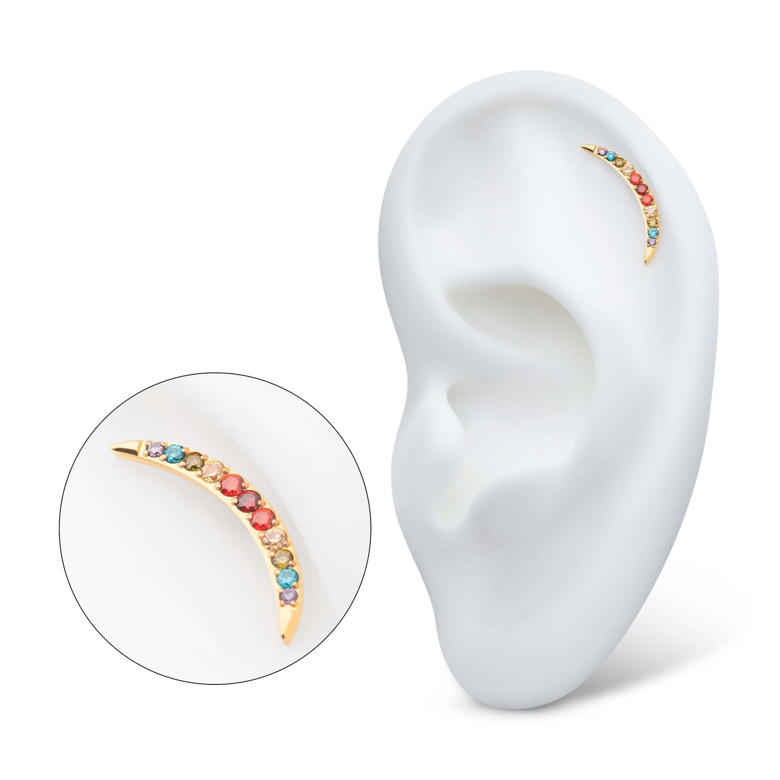 Body Jewelry Parts 24Kt Gold PVD Titanium Internally Threaded Multicolor CZ Curved Bar Top -Rebel Bod-RebelBod