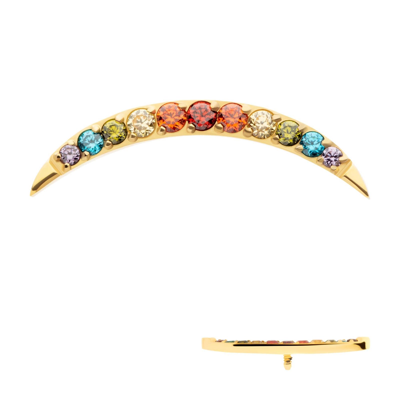 Body Jewelry Parts 24Kt Gold PVD Titanium Internally Threaded Multicolor CZ Curved Bar Top -Rebel Bod-RebelBod