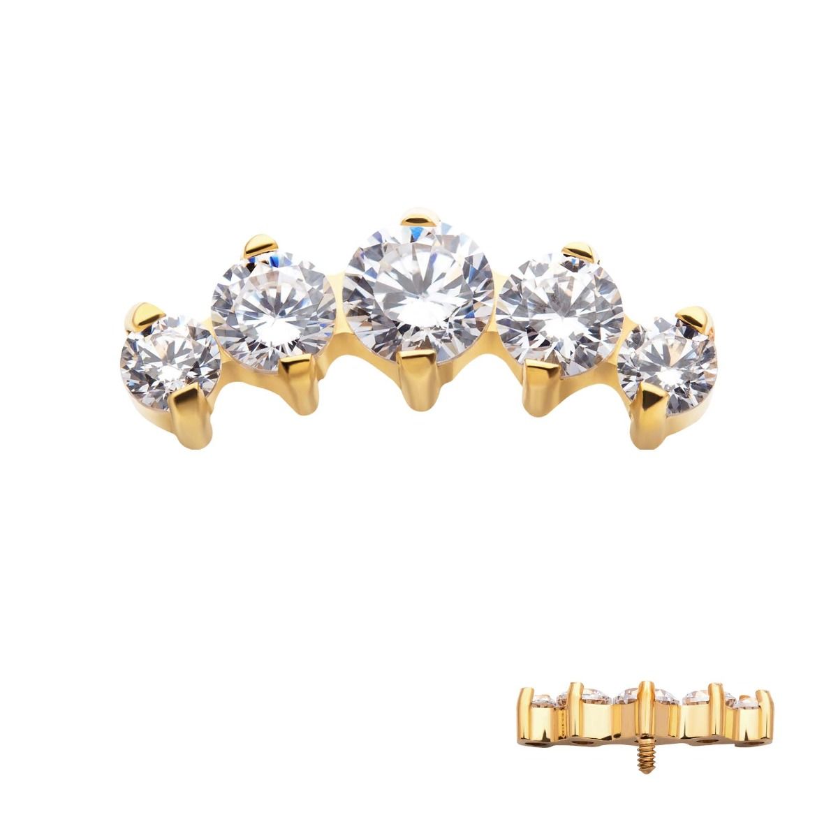 Body Jewelry Parts 24KT Gold PVD Titanium Internally Threaded Prong Set Clear CZ 5-Cluster Top -Rebel Bod-RebelBod