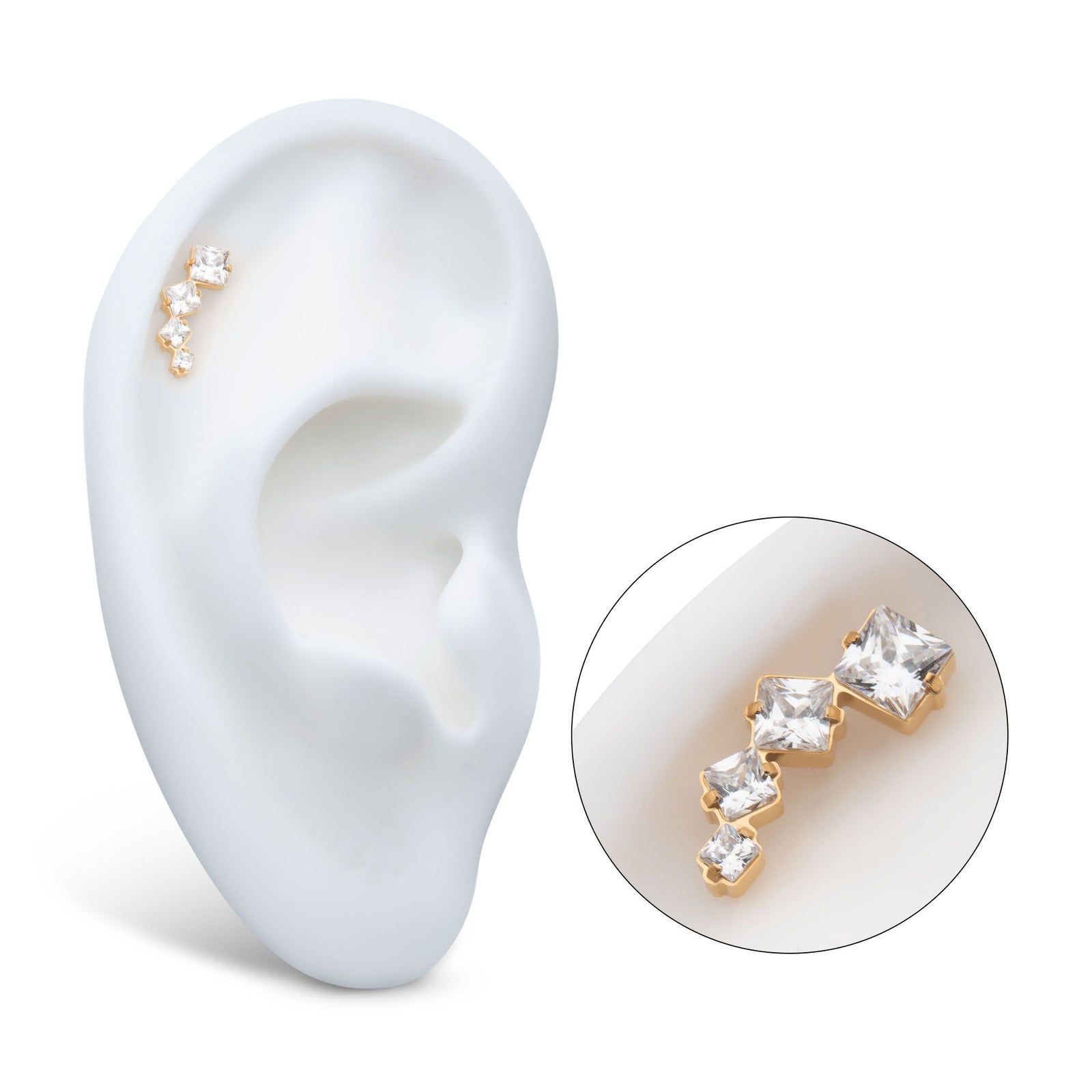 Body Jewelry Parts 24Kt Gold PVD Titanium Internally Threaded Prong Set Princess Cut Gem Staggered 4-Cluster Top -Rebel Bod-RebelBod