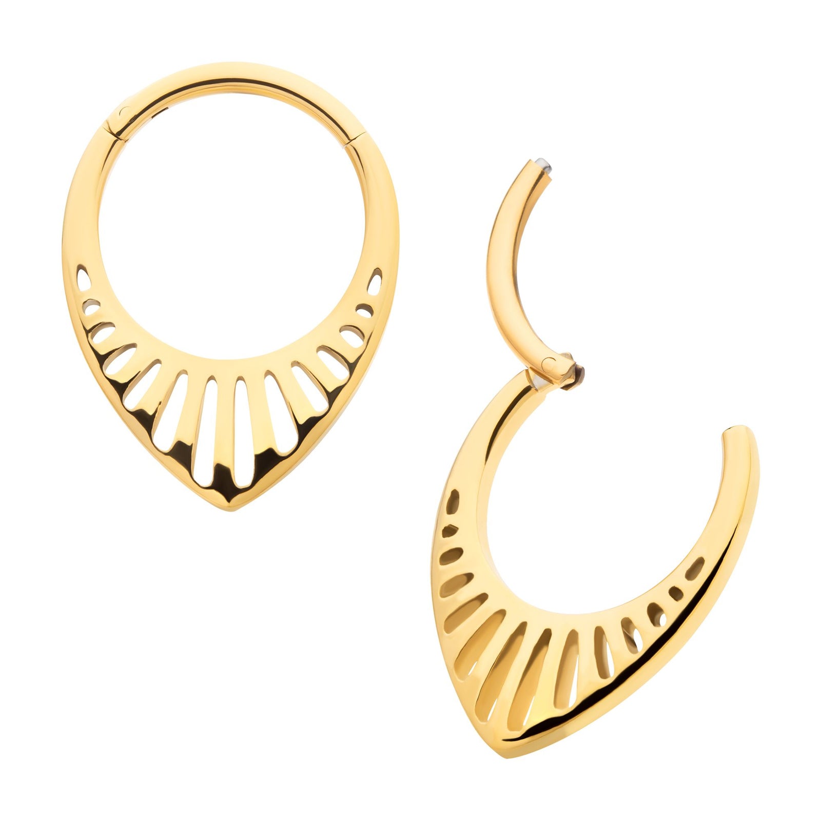 Clicker - Cartilage | Septum 24Kt Gold PVD Titanium Linear Outline Teardrop Shape Front Facing Hinged Segment Clicker Ring -Rebel Bod-RebelBod