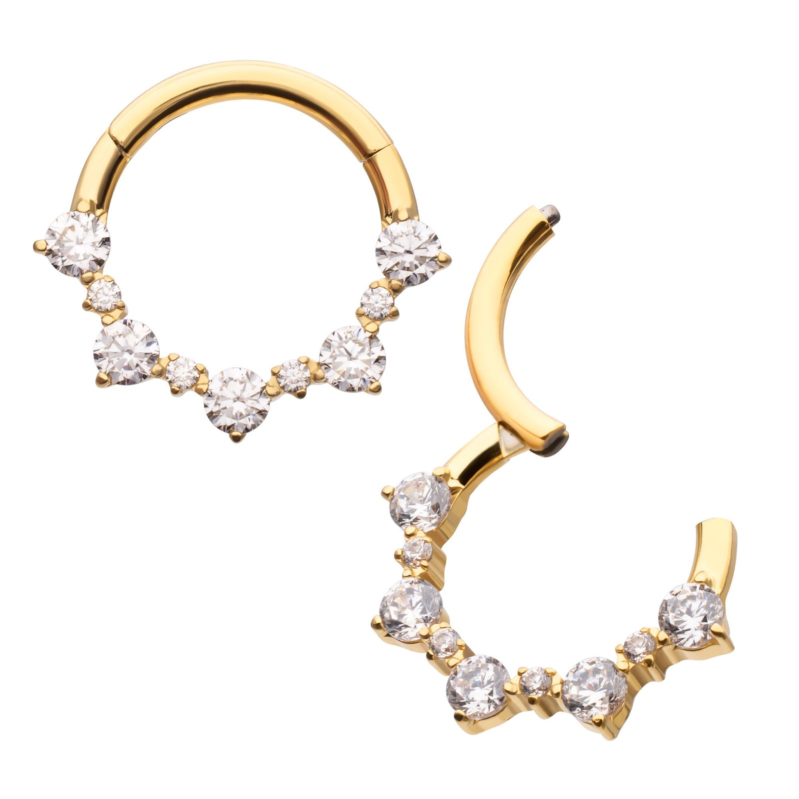 Clicker - Cartilage | Septum 24Kt Gold PVD Titanium Prong Set 1mm 2mm Cluster Gem Front Facing Hinged Segment Clicker Ring -Rebel Bod-RebelBod