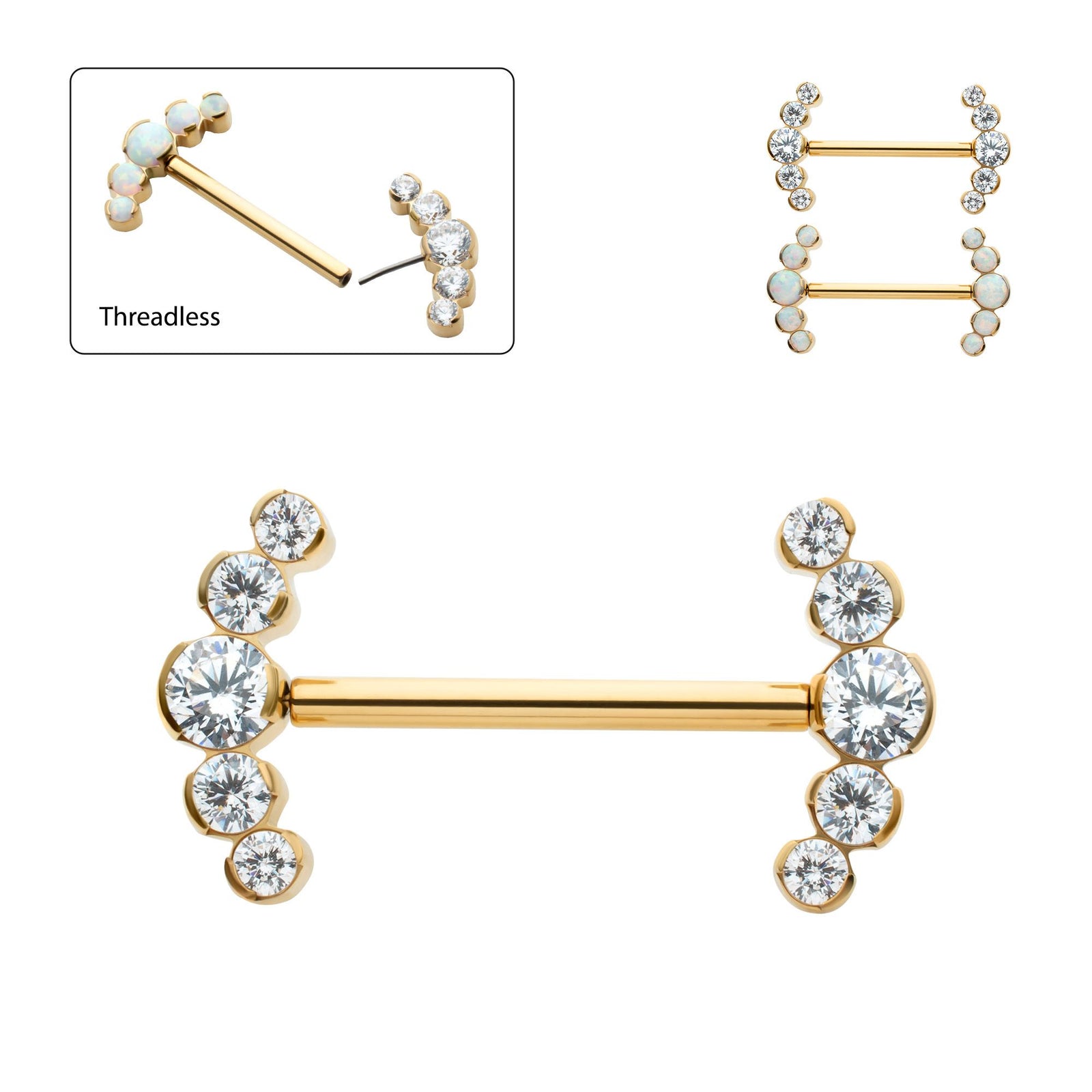 Nipple Barbell 24Kt Gold PVD Titanium Semi-Bezel Set Round Gem/Opal Nipple Barbell - 1 Piece -Rebel Bod-RebelBod
