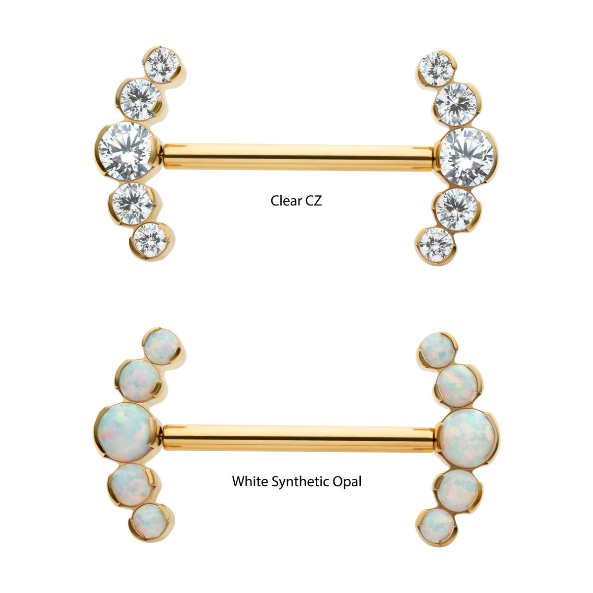 Nipple Barbell 24Kt Gold PVD Titanium Semi-Bezel Set Round Gem/Opal Nipple Barbell - 1 Piece -Rebel Bod-RebelBod