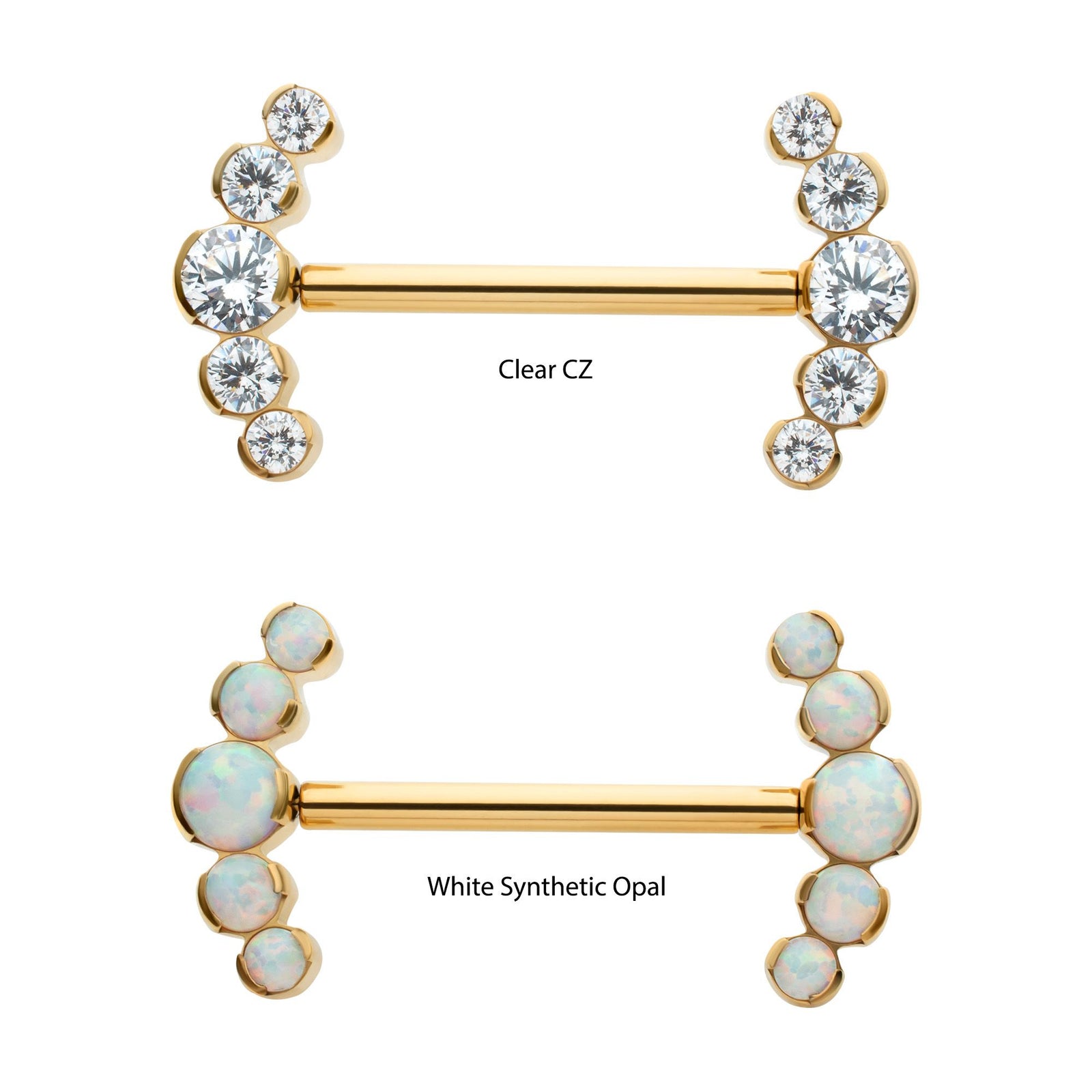 Nipple Barbell 24Kt Gold PVD Titanium Semi-Bezel Set Round Gem/Opal Nipple Barbell - 1 Piece -Rebel Bod-RebelBod