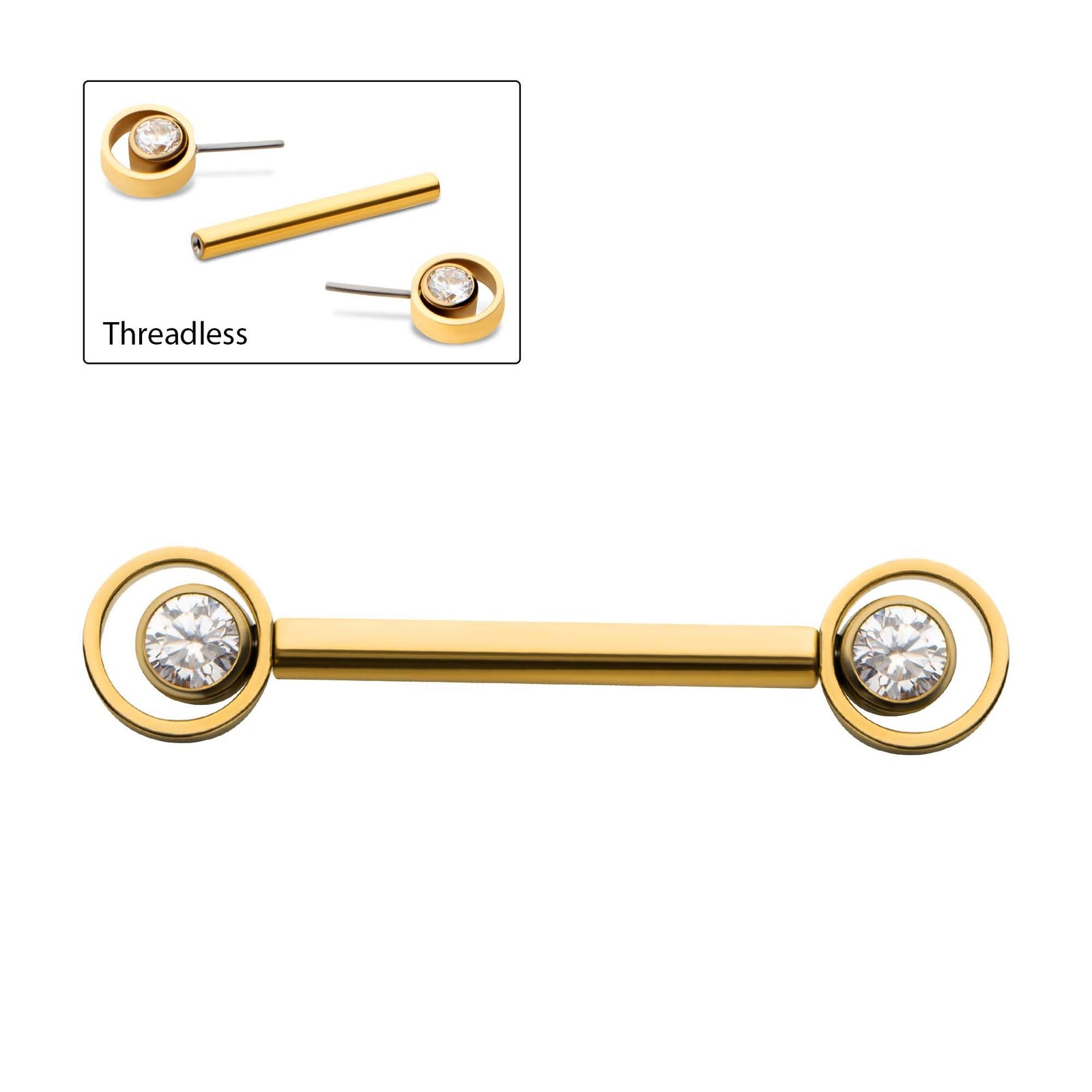Nipple Barbell 24Kt Gold PVD Titanium Threadless Bezel Round CZ Orbit Nipple Barbell - 1 Piece -Rebel Bod-RebelBod
