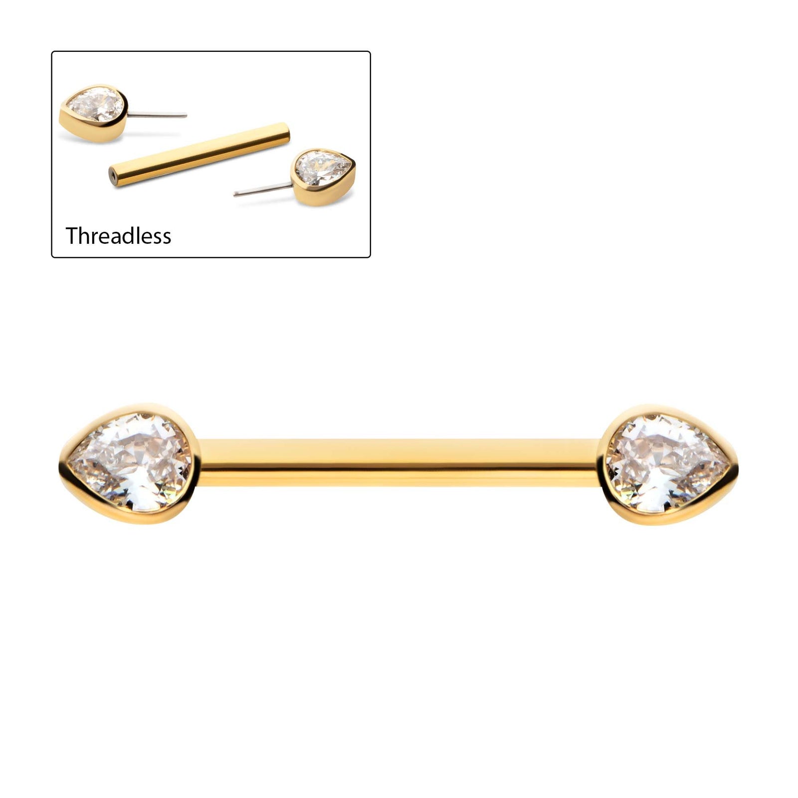 Nipple Barbell 24Kt Gold PVD Titanium Threadless Bezel Teardrop CZ Nipple Barbell - 1 Piece -Rebel Bod-RebelBod
