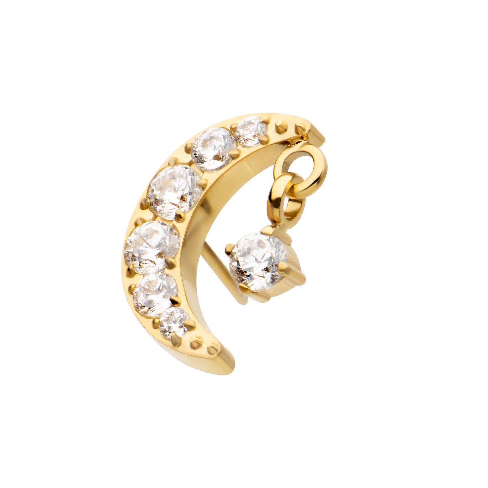 Body Jewelry Parts 24Kt Gold PVD Titanium Threadless Crescent Moon CZ Top Dangle Pronged Round CZ -Rebel Bod-RebelBod