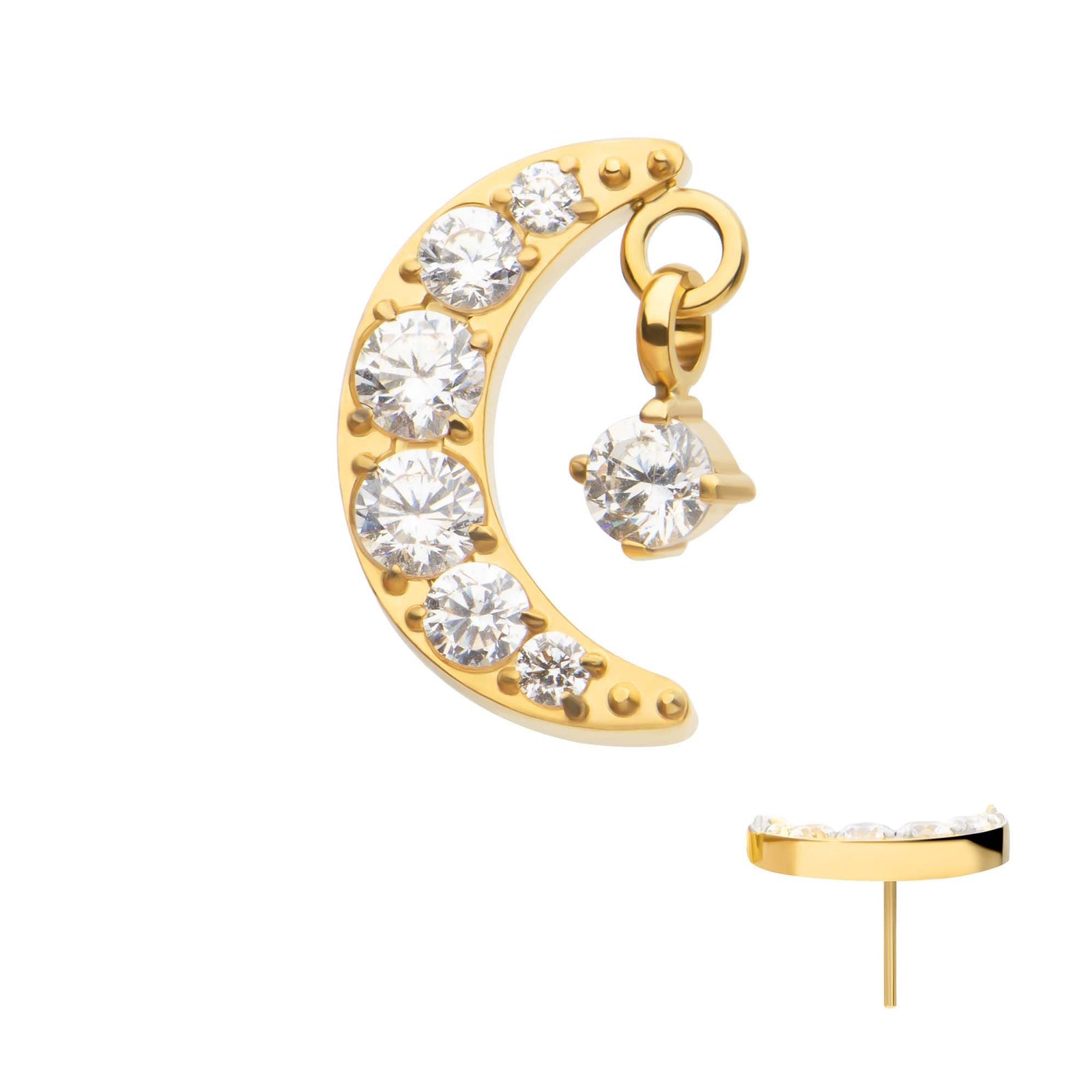 Body Jewelry Parts 24Kt Gold PVD Titanium Threadless Crescent Moon CZ Top Dangle Pronged Round CZ -Rebel Bod-RebelBod