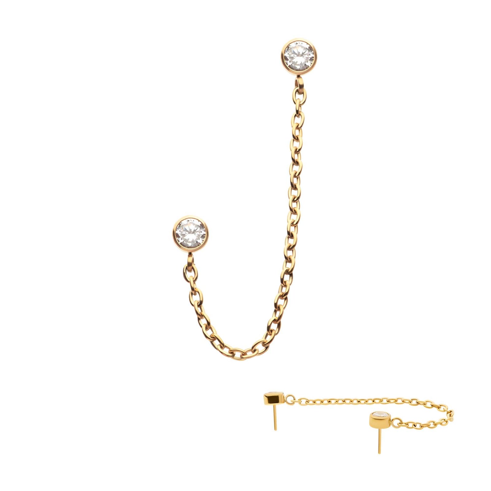 Cartilage Earring - Cartilage Chain 24Kt Gold PVD Titanium Threadless Duo Bezel Round CZ Rolo Chain Dangle Tops -Rebel Bod-RebelBod