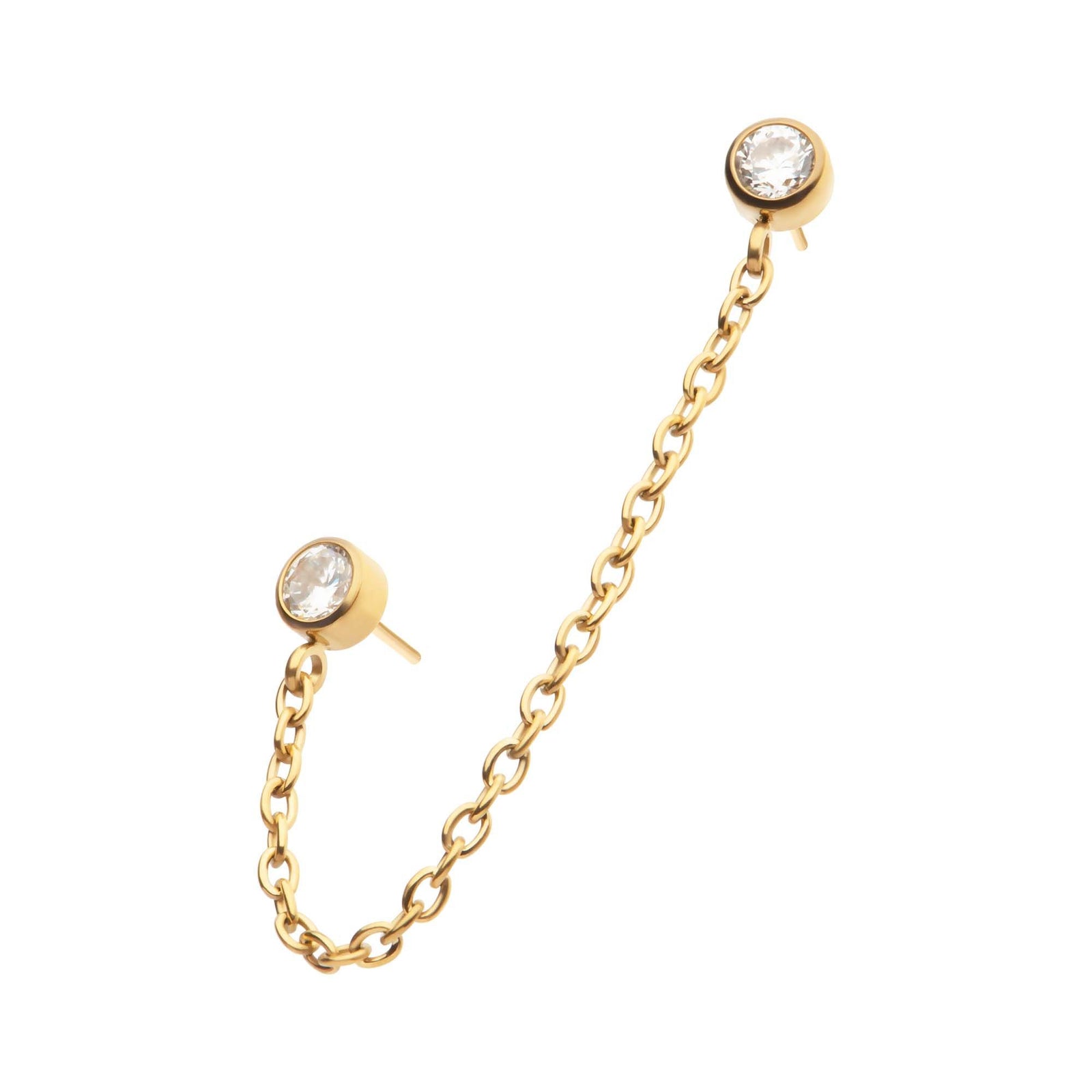 Cartilage Earring - Cartilage Chain 24Kt Gold PVD Titanium Threadless Duo Bezel Round CZ Rolo Chain Dangle Tops -Rebel Bod-RebelBod