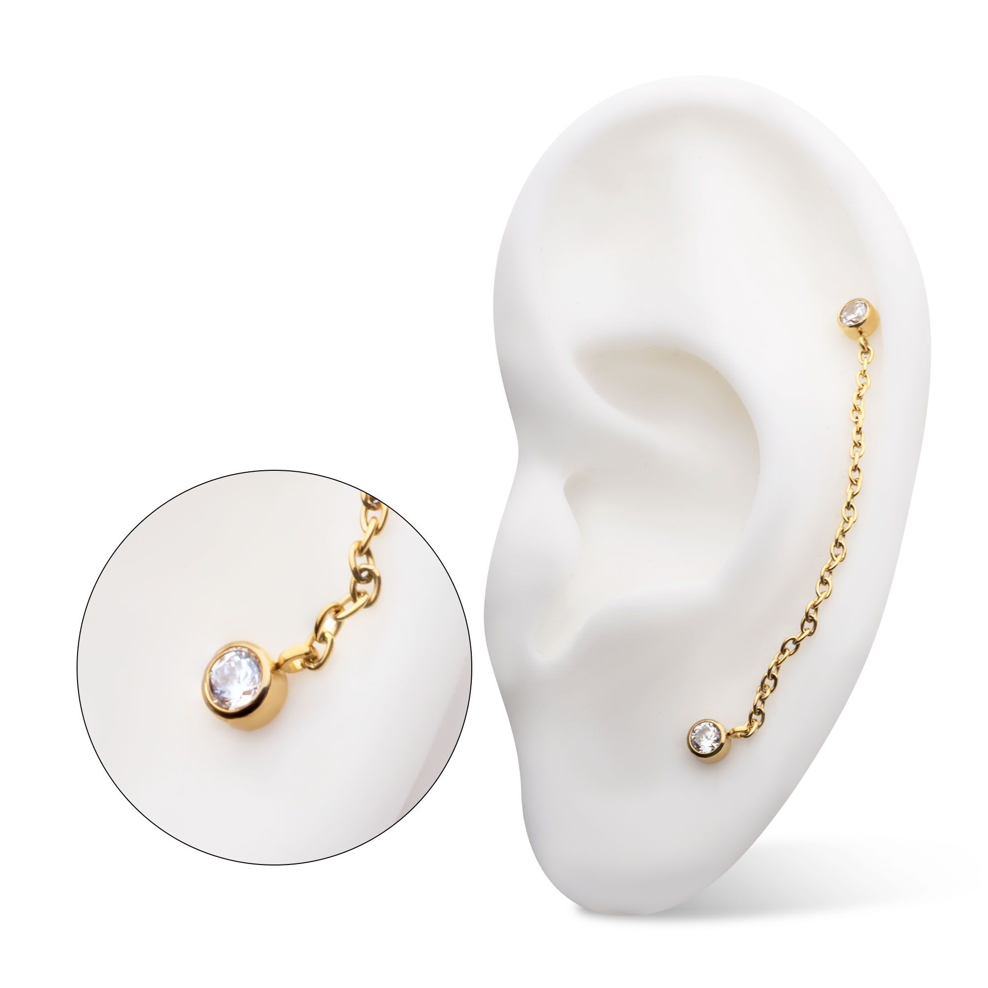 Cartilage Earring - Cartilage Chain 24Kt Gold PVD Titanium Threadless Duo Bezel Round CZ Rolo Chain Dangle Tops -Rebel Bod-RebelBod