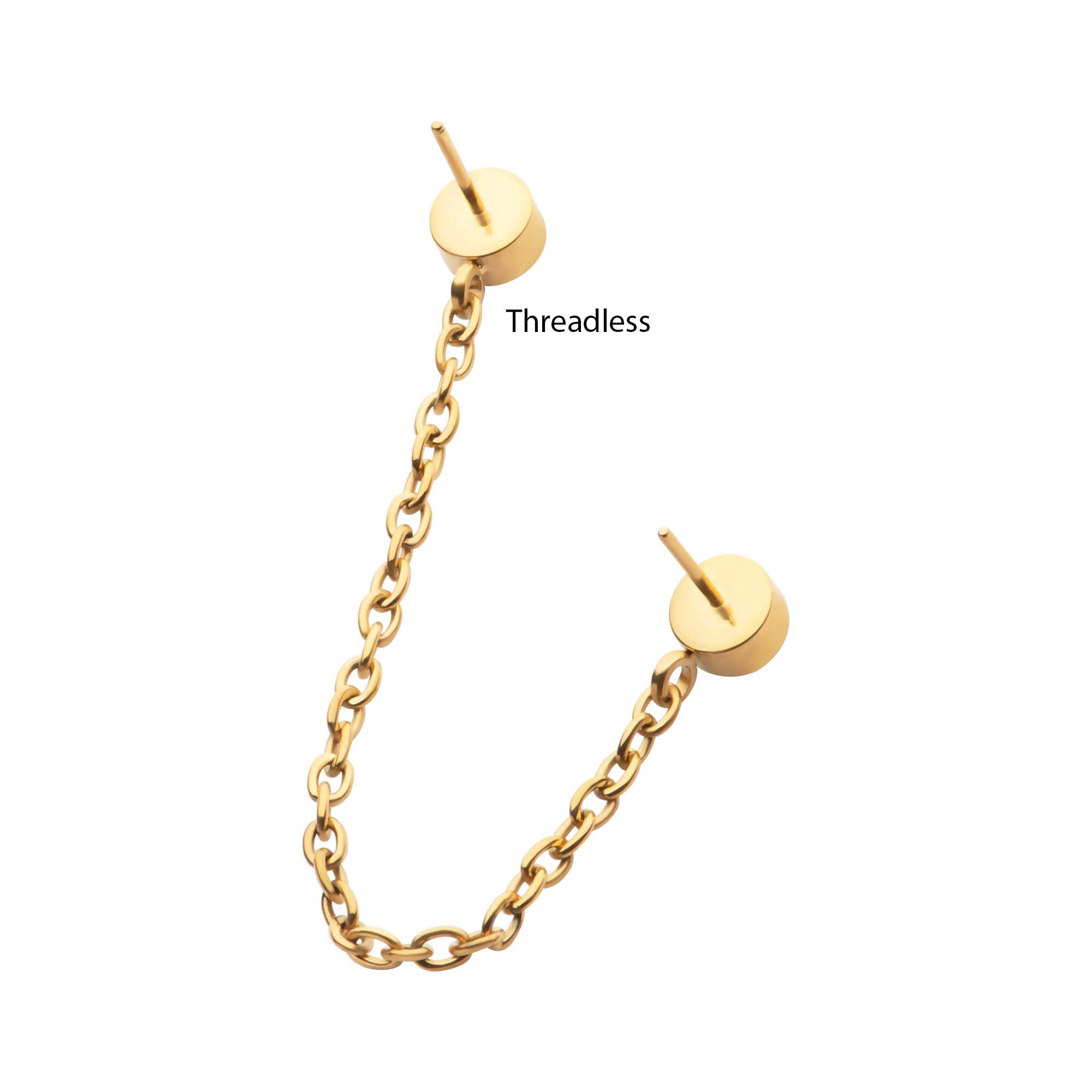 Cartilage Earring - Cartilage Chain 24Kt Gold PVD Titanium Threadless Duo Bezel Round CZ Rolo Chain Dangle Tops -Rebel Bod-RebelBod