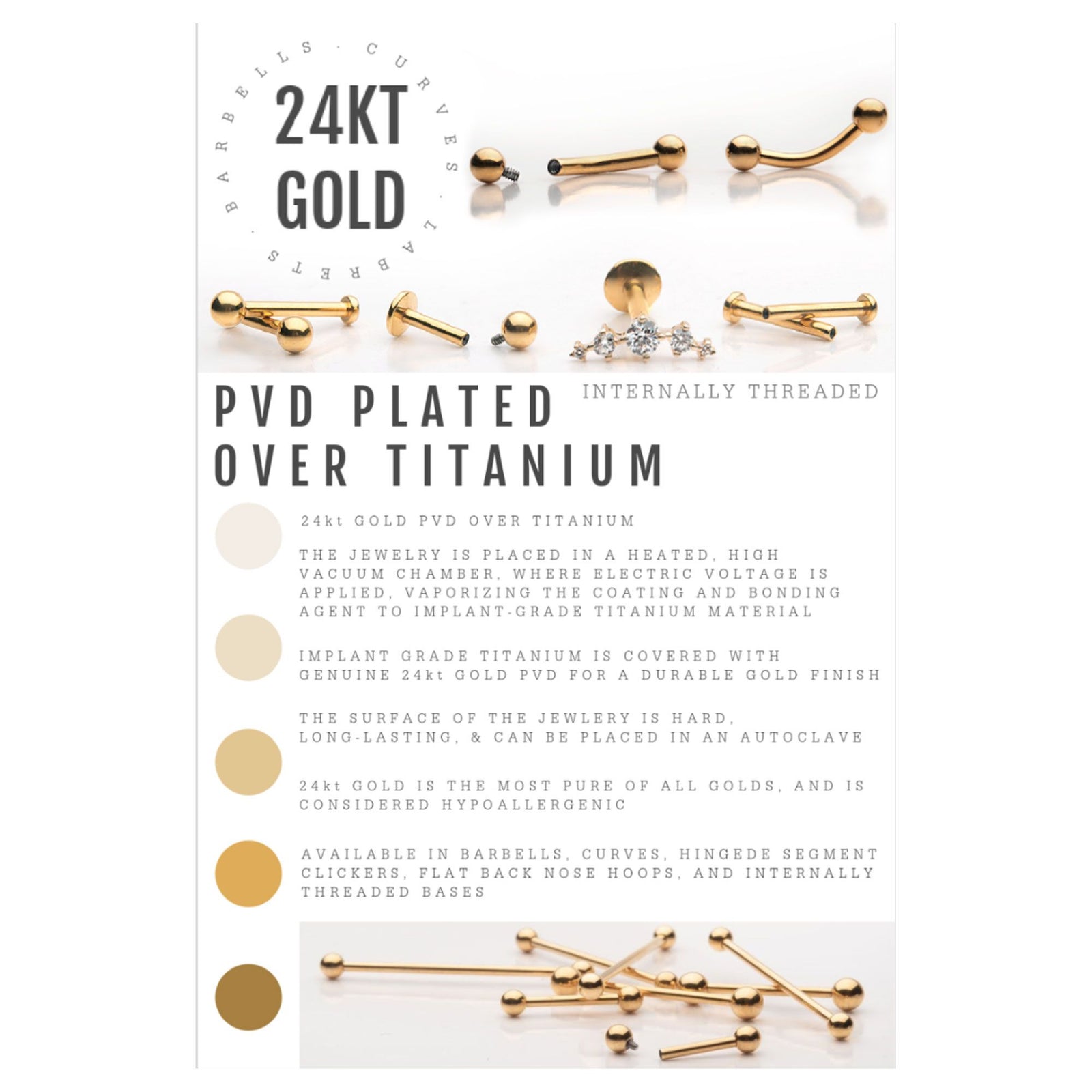 Labret Studs 24KT Gold PVD Titanium Threadless Labret 3mm Base - 1 Piece -Rebel Bod-RebelBod