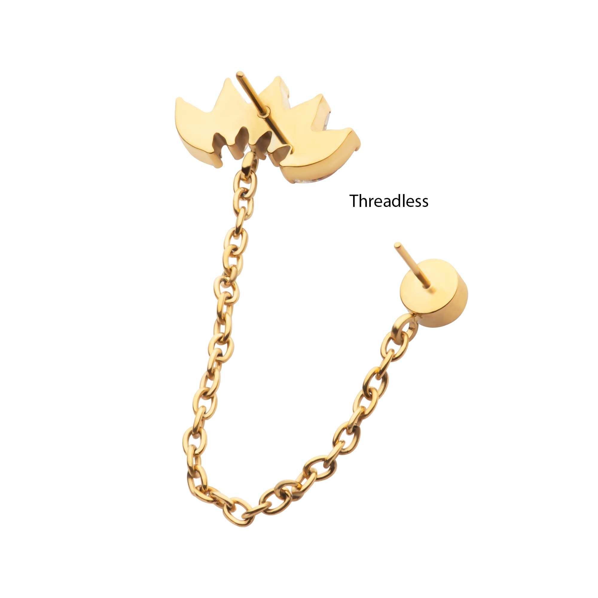 Cartilage Earring - Cartilage Chain 24Kt Gold PVD Titanium Threadless Marquise Fan Shape Bezel Round Gem Top Dangle Rolo Chain -Rebel Bod-RebelBod