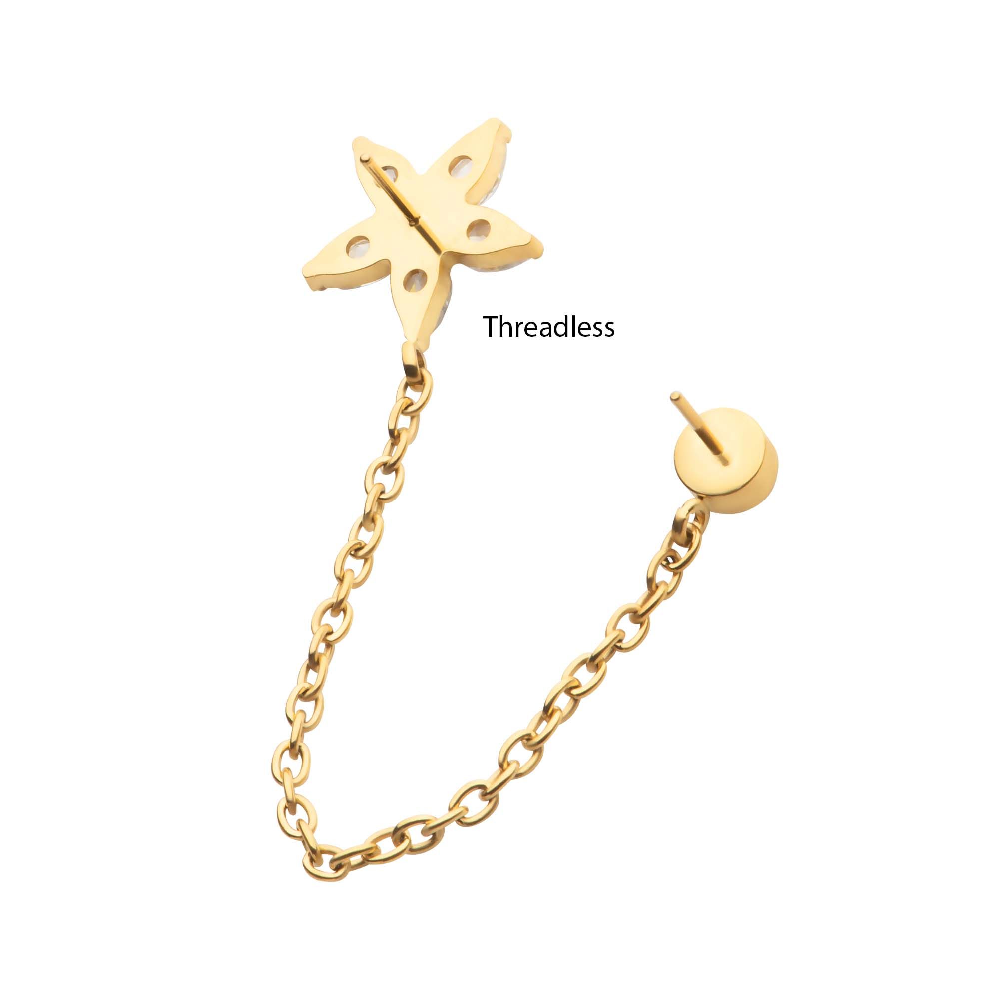 Cartilage Earring - Cartilage Chain 24Kt Gold PVD Titanium Threadless Marquise Flower Shape Bezel Round Gem Top Dangle Rolo Chain -Rebel Bod-RebelBod