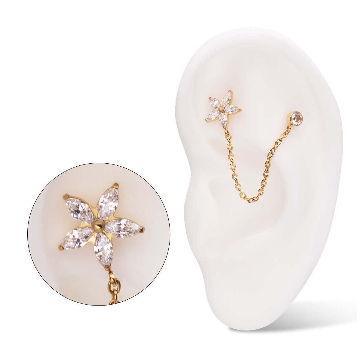 Cartilage Earring - Cartilage Chain 24Kt Gold PVD Titanium Threadless Marquise Flower Shape Bezel Round Gem Top Dangle Rolo Chain -Rebel Bod-RebelBod