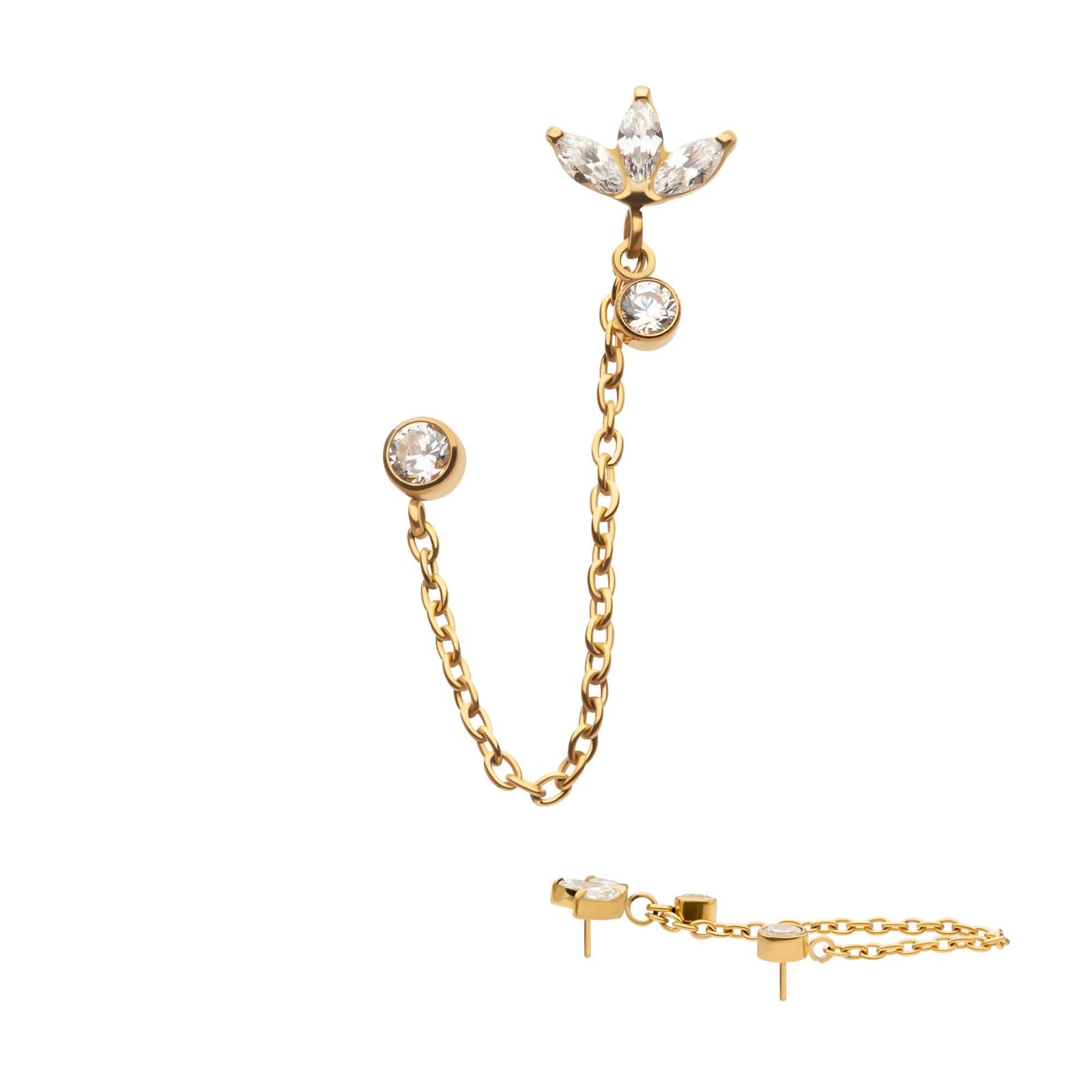 Cartilage Earring - Cartilage Chain 24Kt Gold PVD Titanium Threadless Marquise Trinity Duo Bezel Round Gem Top Dangle Rolo Chain -Rebel Bod-RebelBod