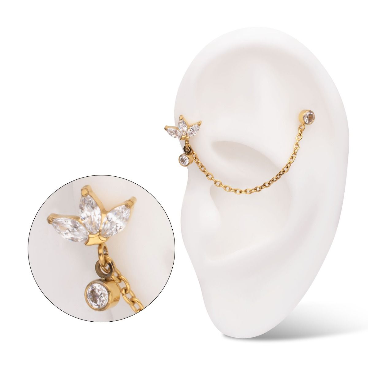 Cartilage Earring - Cartilage Chain 24Kt Gold PVD Titanium Threadless Marquise Trinity Duo Bezel Round Gem Top Dangle Rolo Chain -Rebel Bod-RebelBod